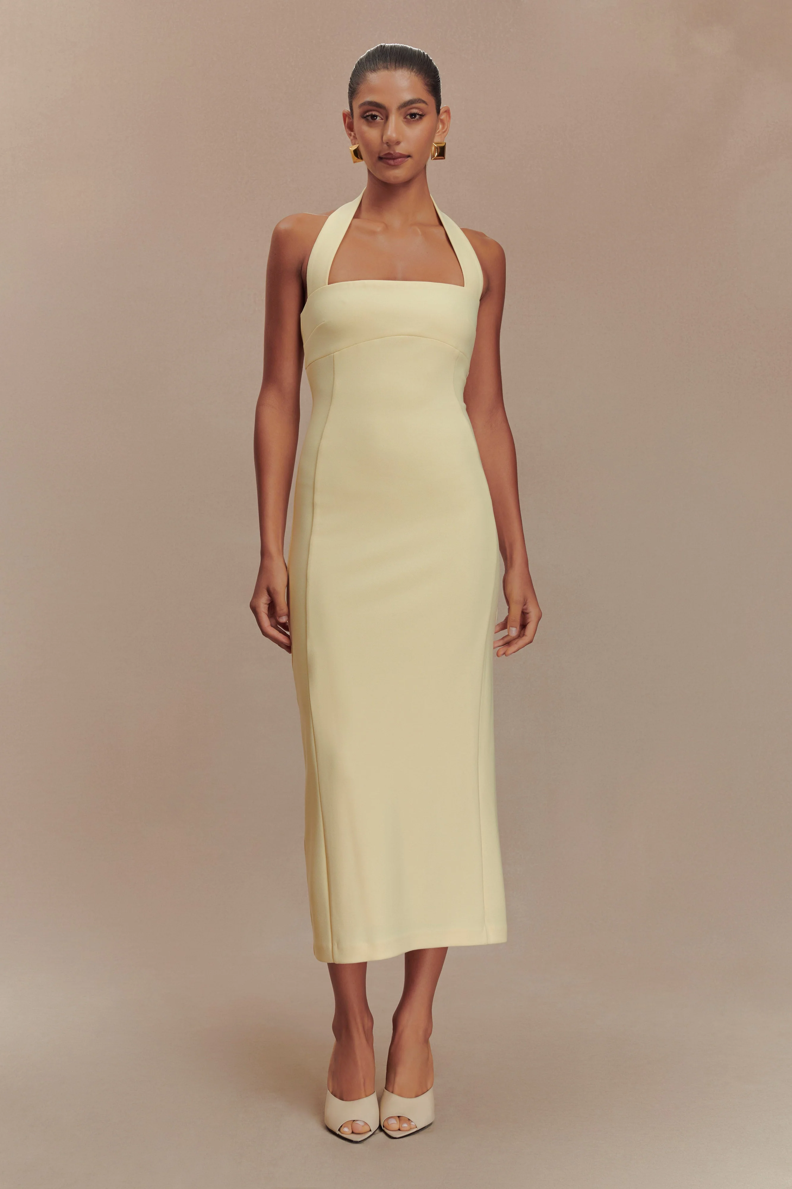 Amelita Suiting Halter Midi Dress - Pale Lemon