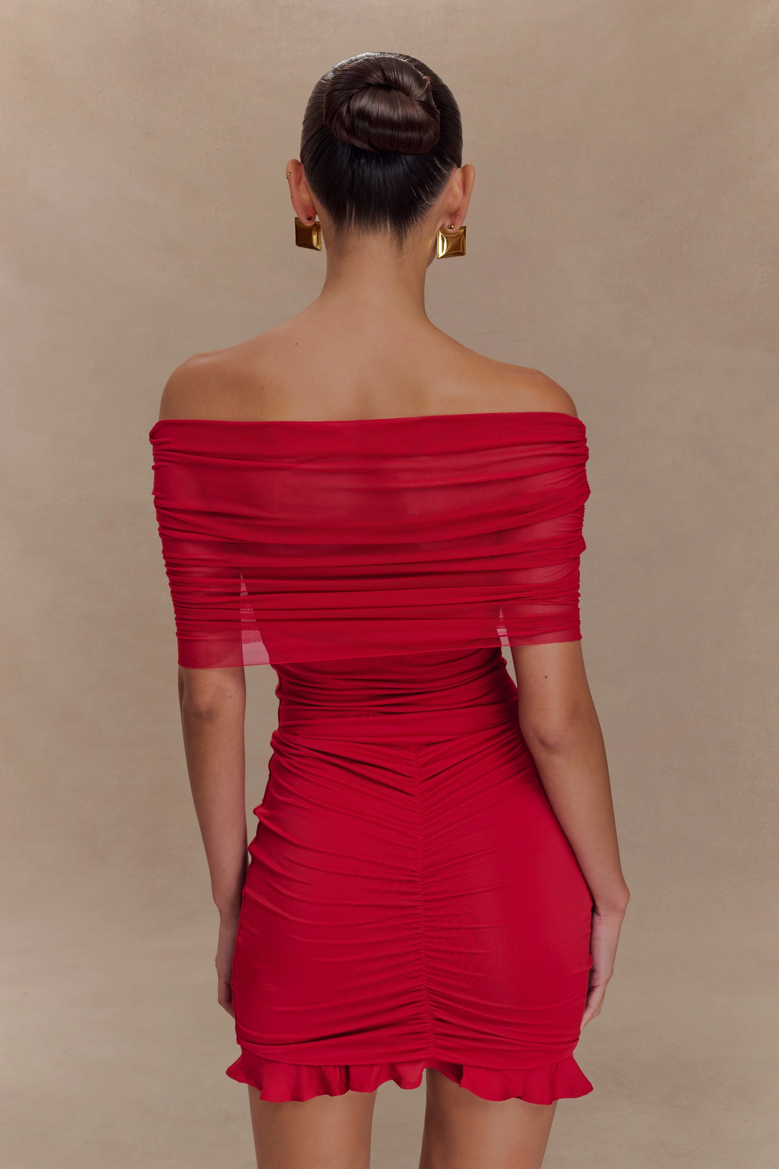 Caspian Slinky And Mesh Off Shoulder Mini Dress - Ruby