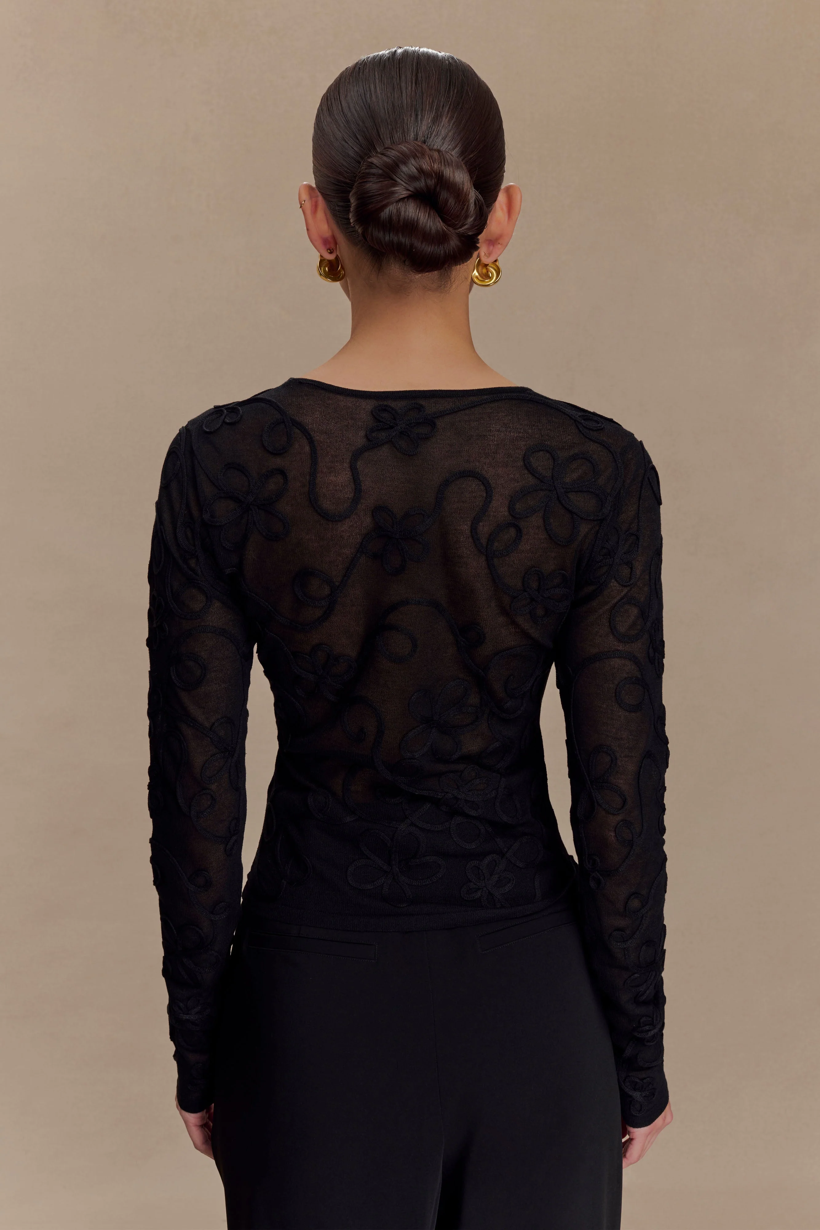 Omari Embroidery Long Sleeve Knit Top - Black