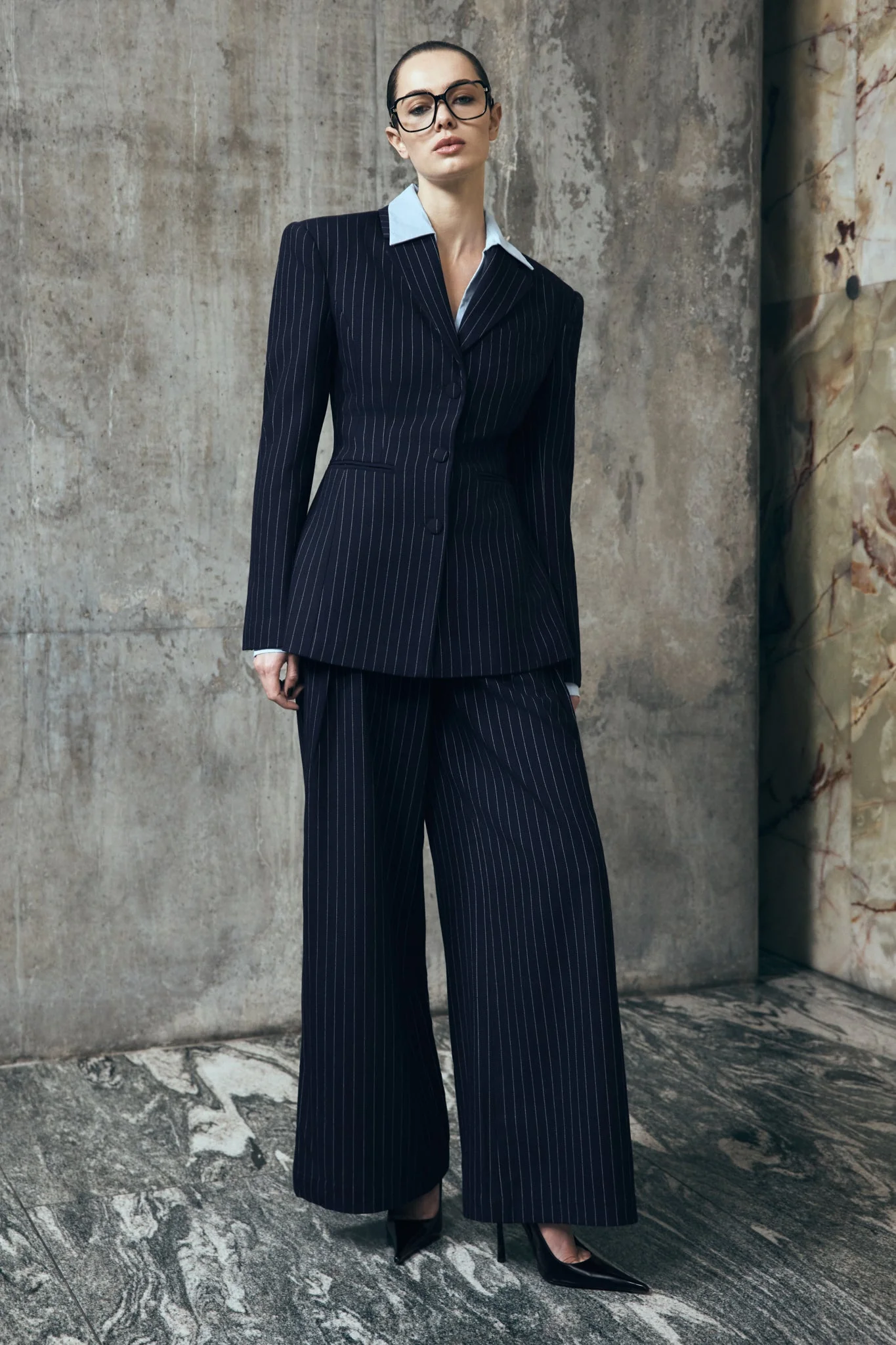 Jacqueline Pleated Wide Leg Pants - Navy Pinstripe