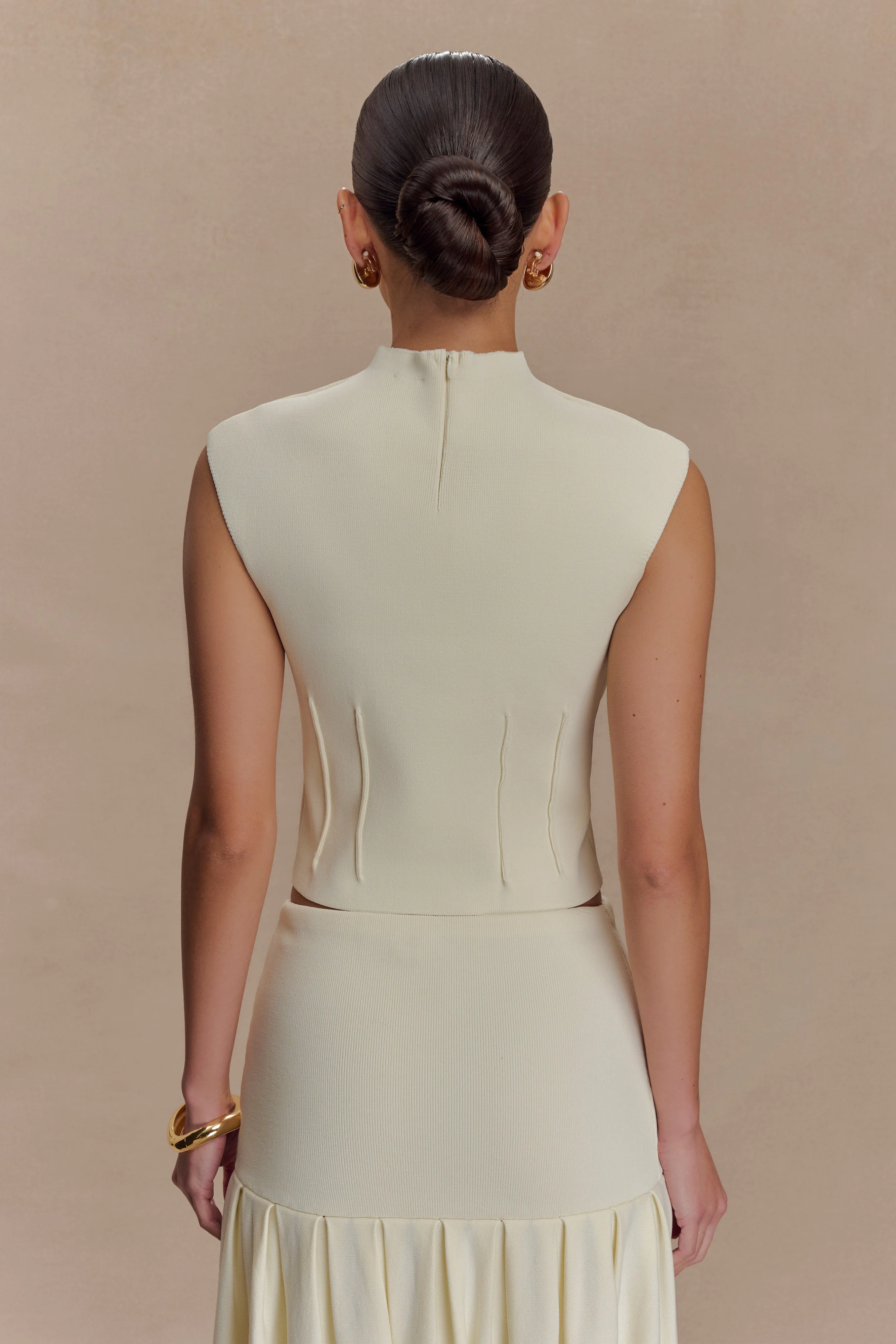 Romaine High Neck Bandage Knit Top - Ivory
