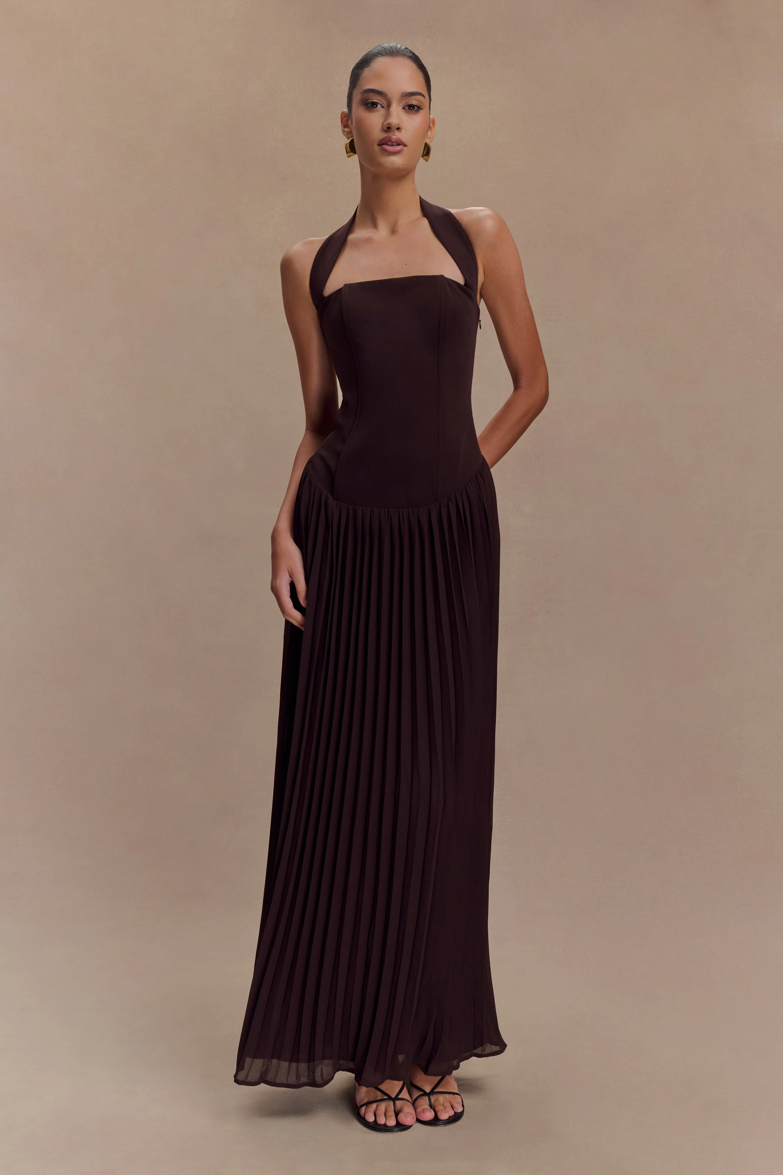 Stacie Pleated Halter Maxi Dress - Cacao
