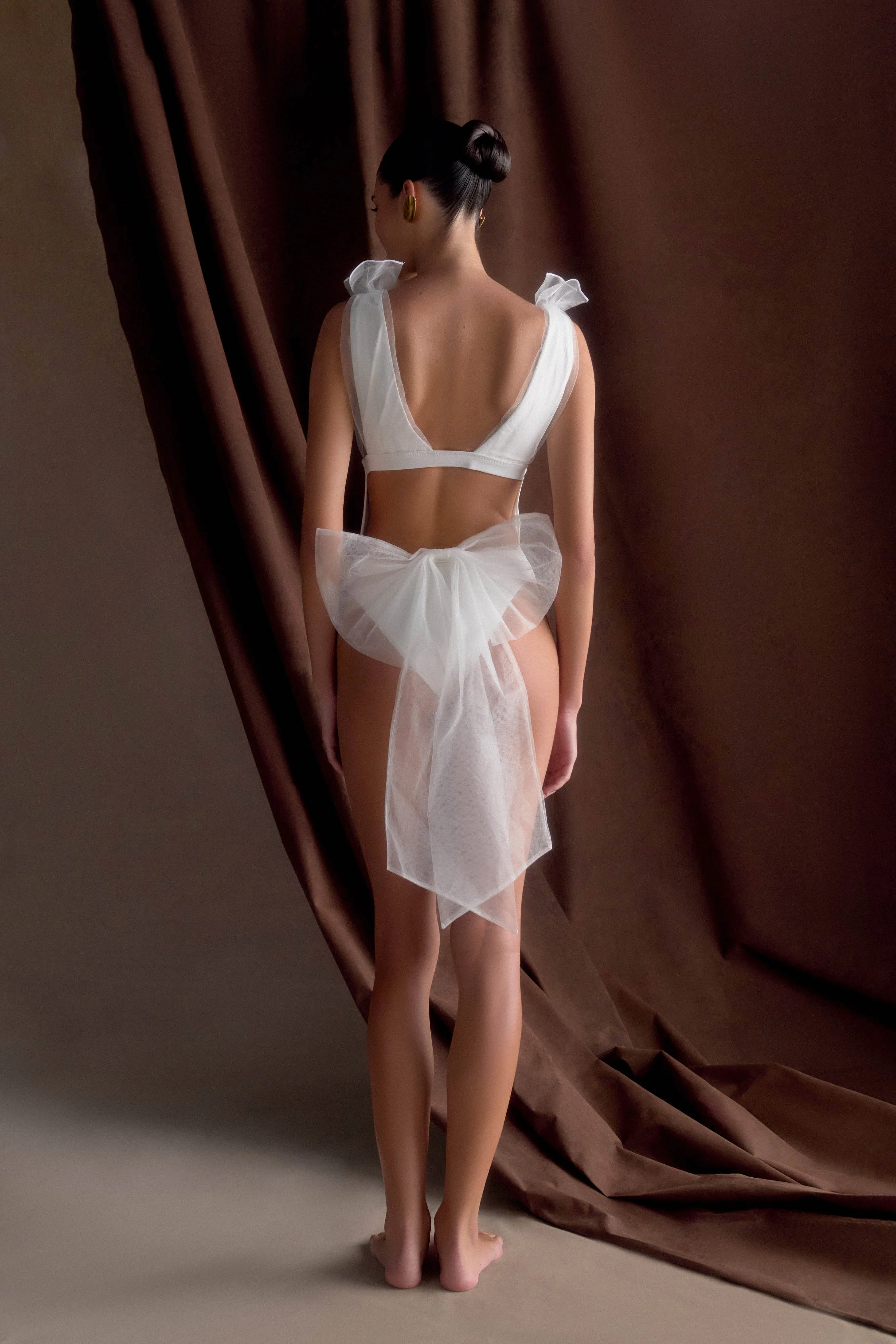 Sybil Plunge One Piece With Bow - Ivory