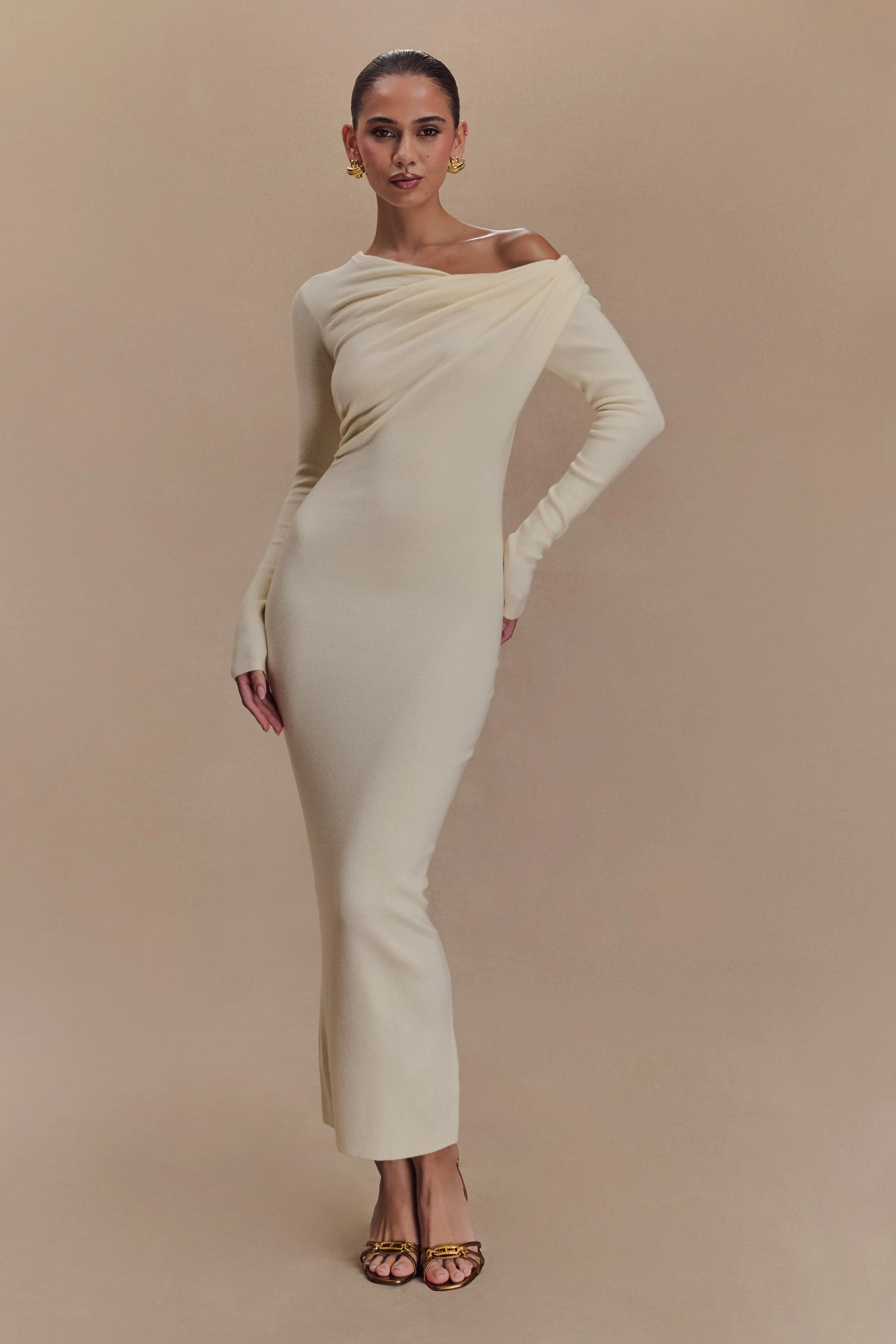 Culver Draped Twist Knit Midi Dress - Cream