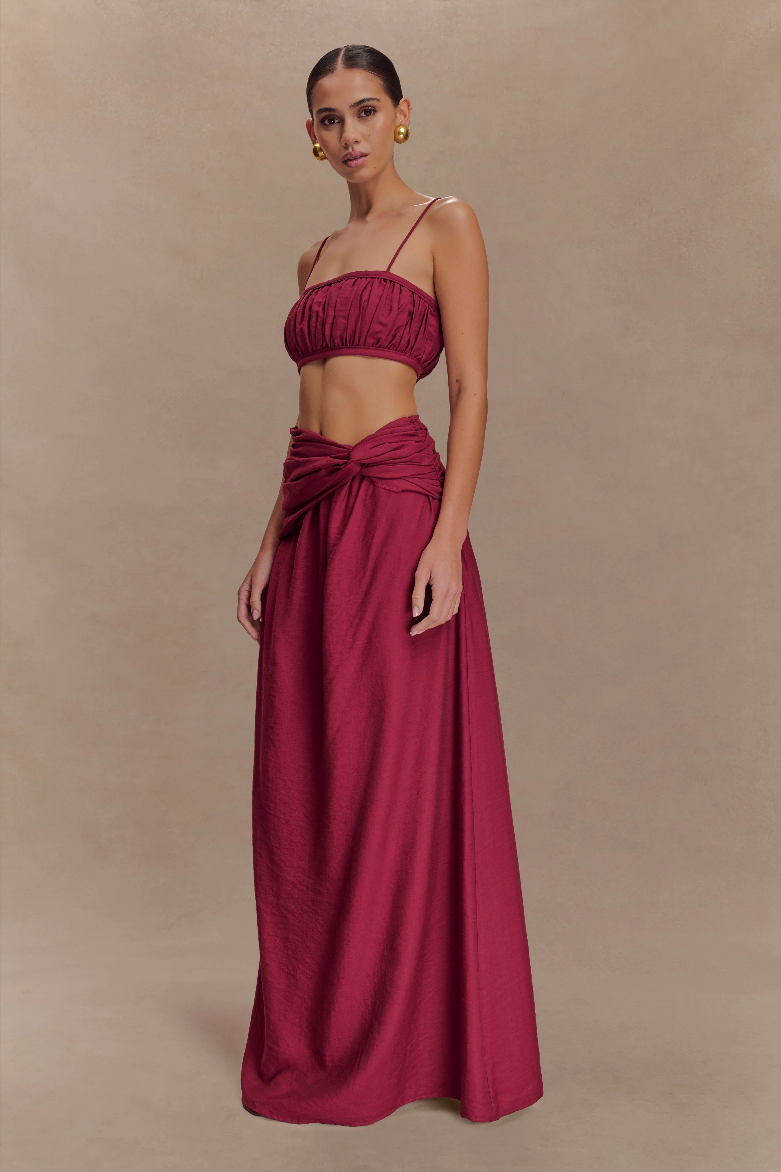 Scottie Gathered Linen Knot Maxi Skirt - Wine