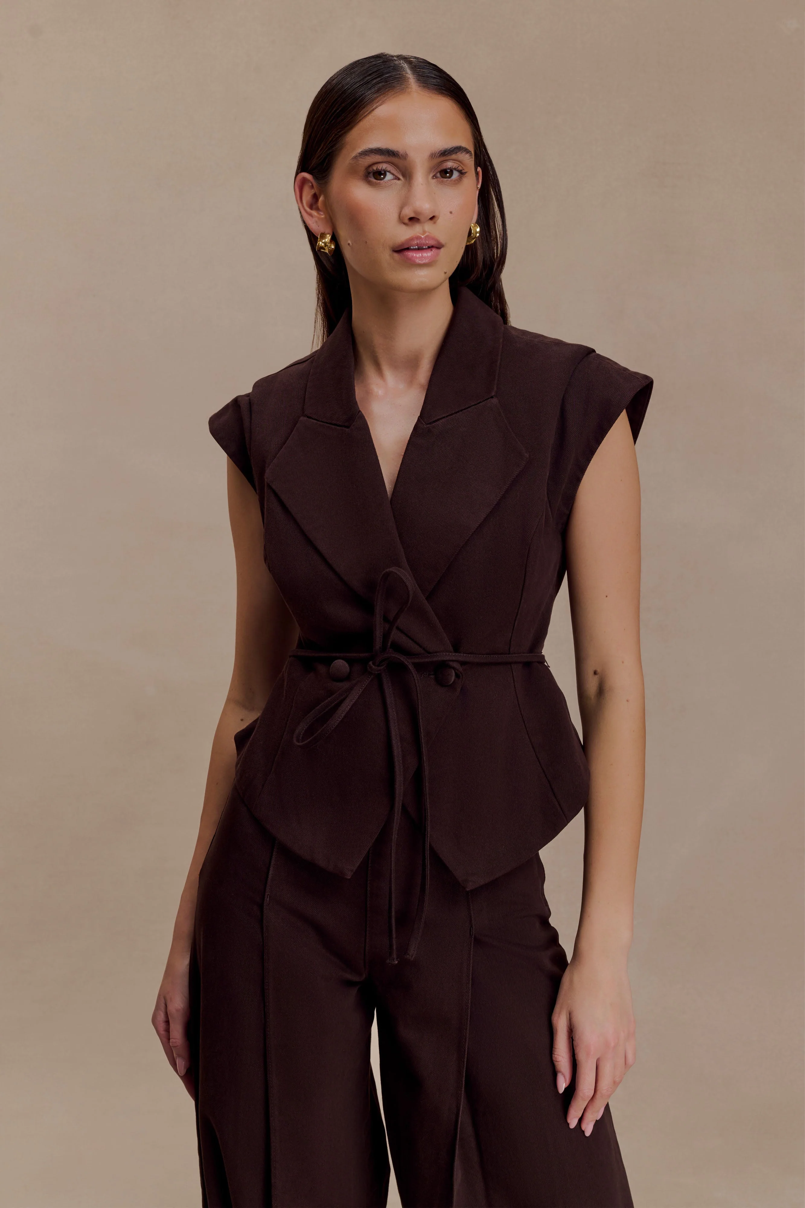 Charley Structured Tie Denim Top - Chocolate