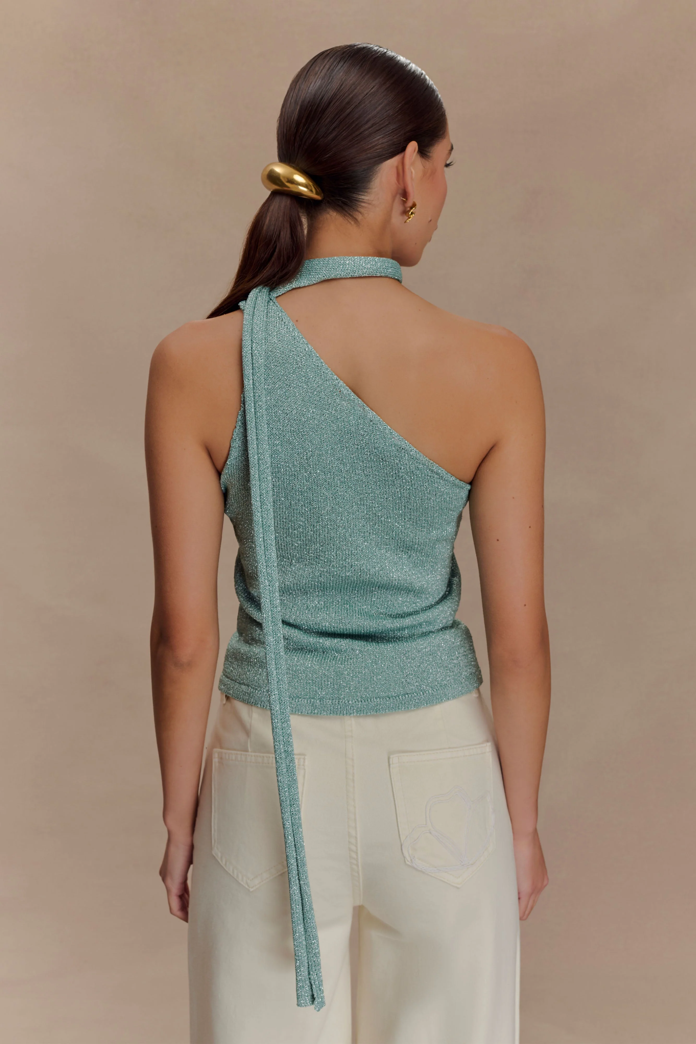 Leone One Shoulder Metallic Knit Top - Aqua