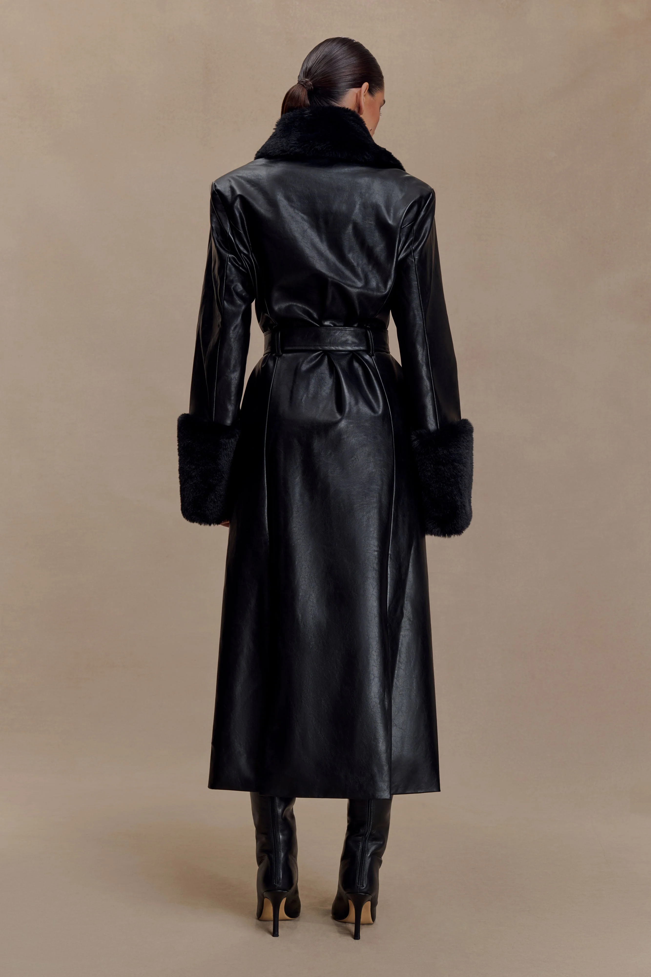 Bec Faux Leather Trench Coat With Faux Fur - Black