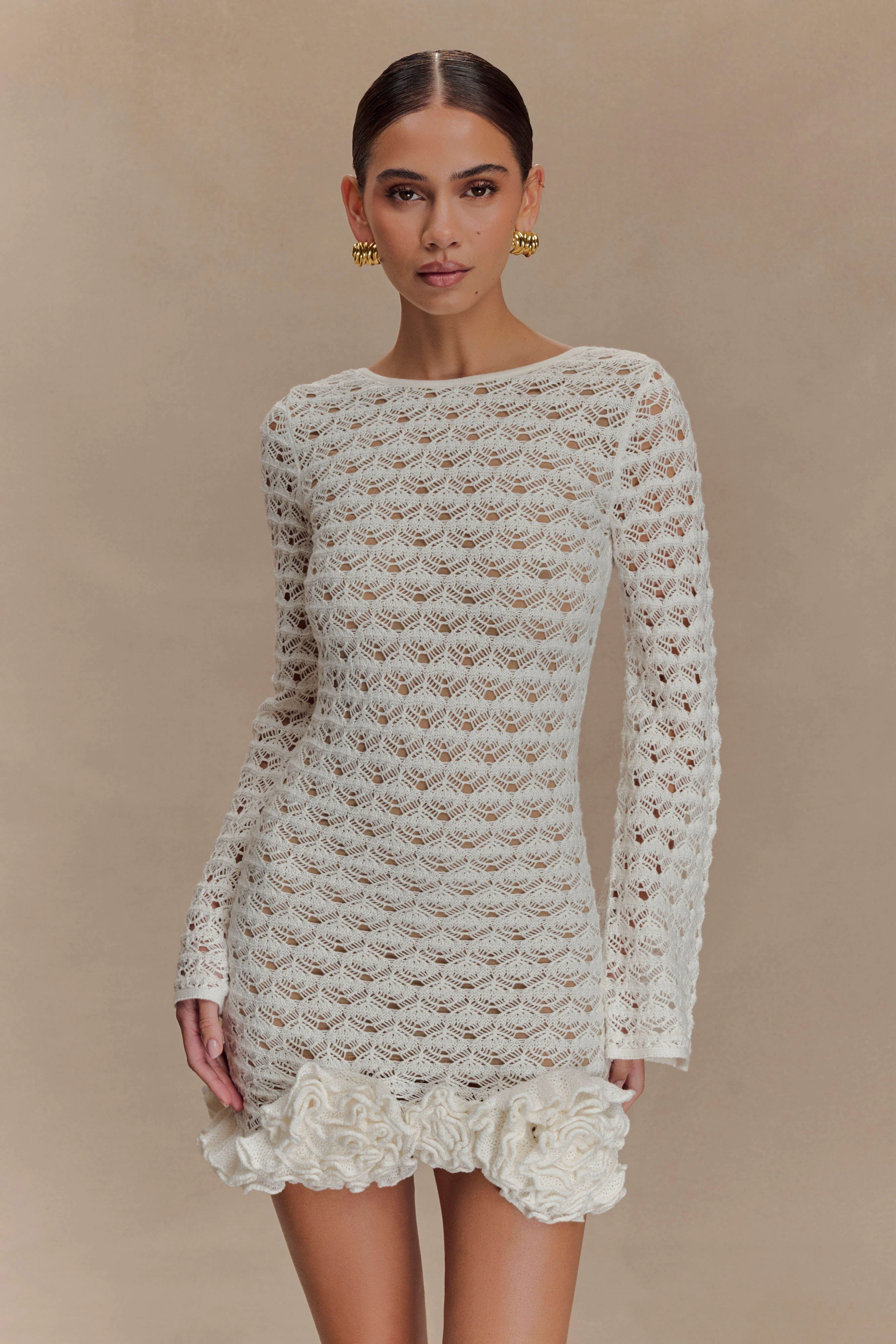 Aileen Ruffle Crochet Mini Dress - Ivory