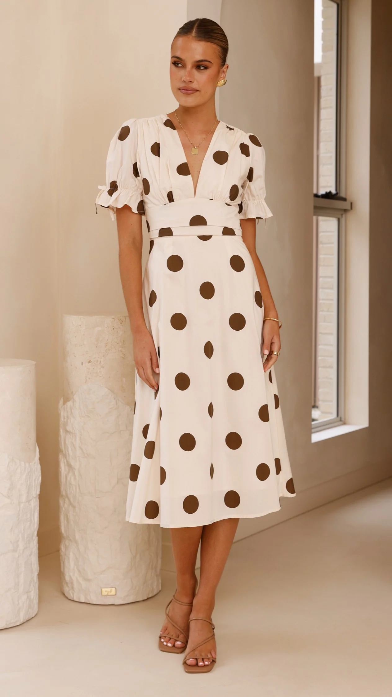 Alondra Midi Dress - White/Camel Polka