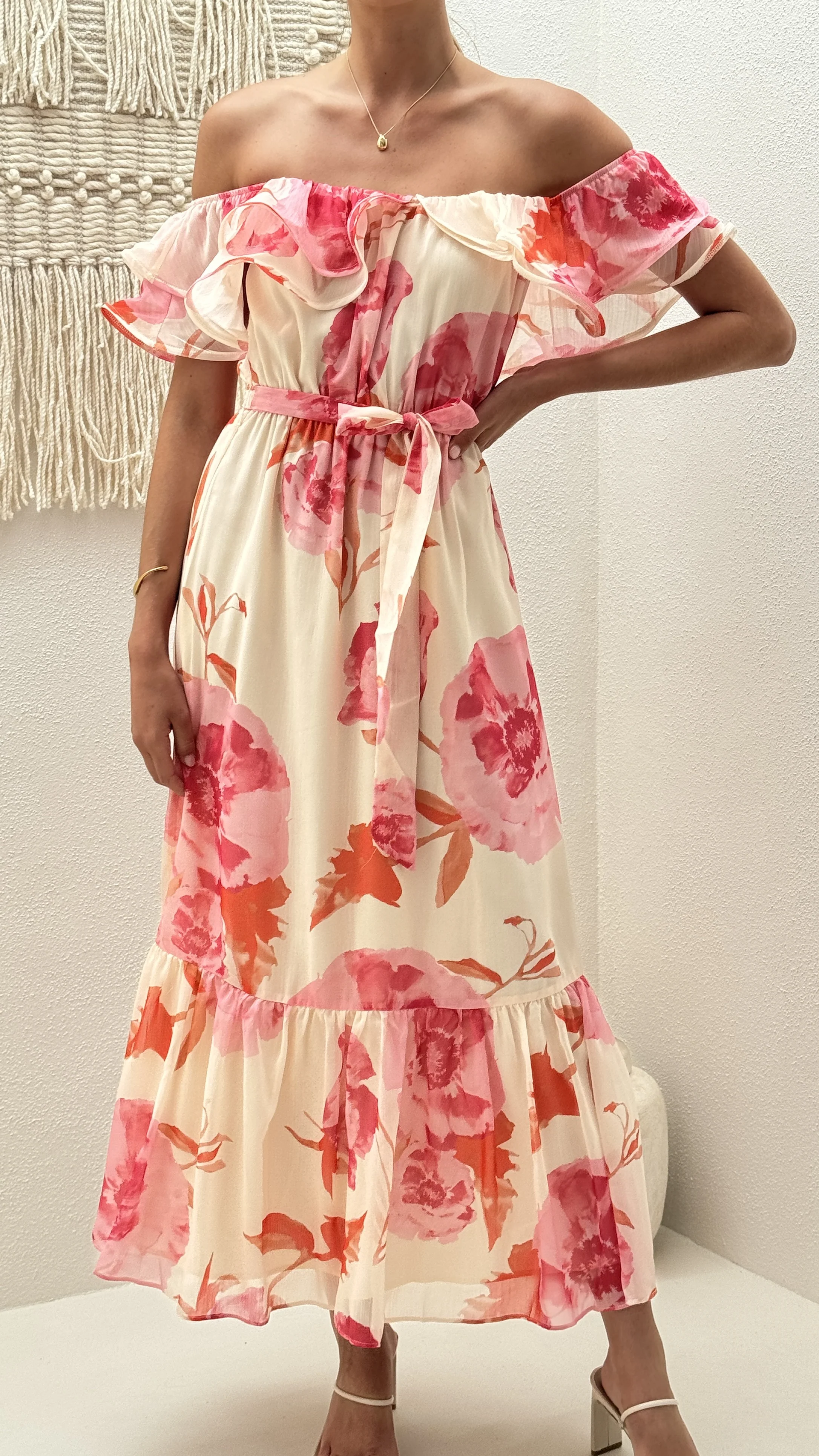 Chase Off Shoulder Maxi Dress- Pink Floral