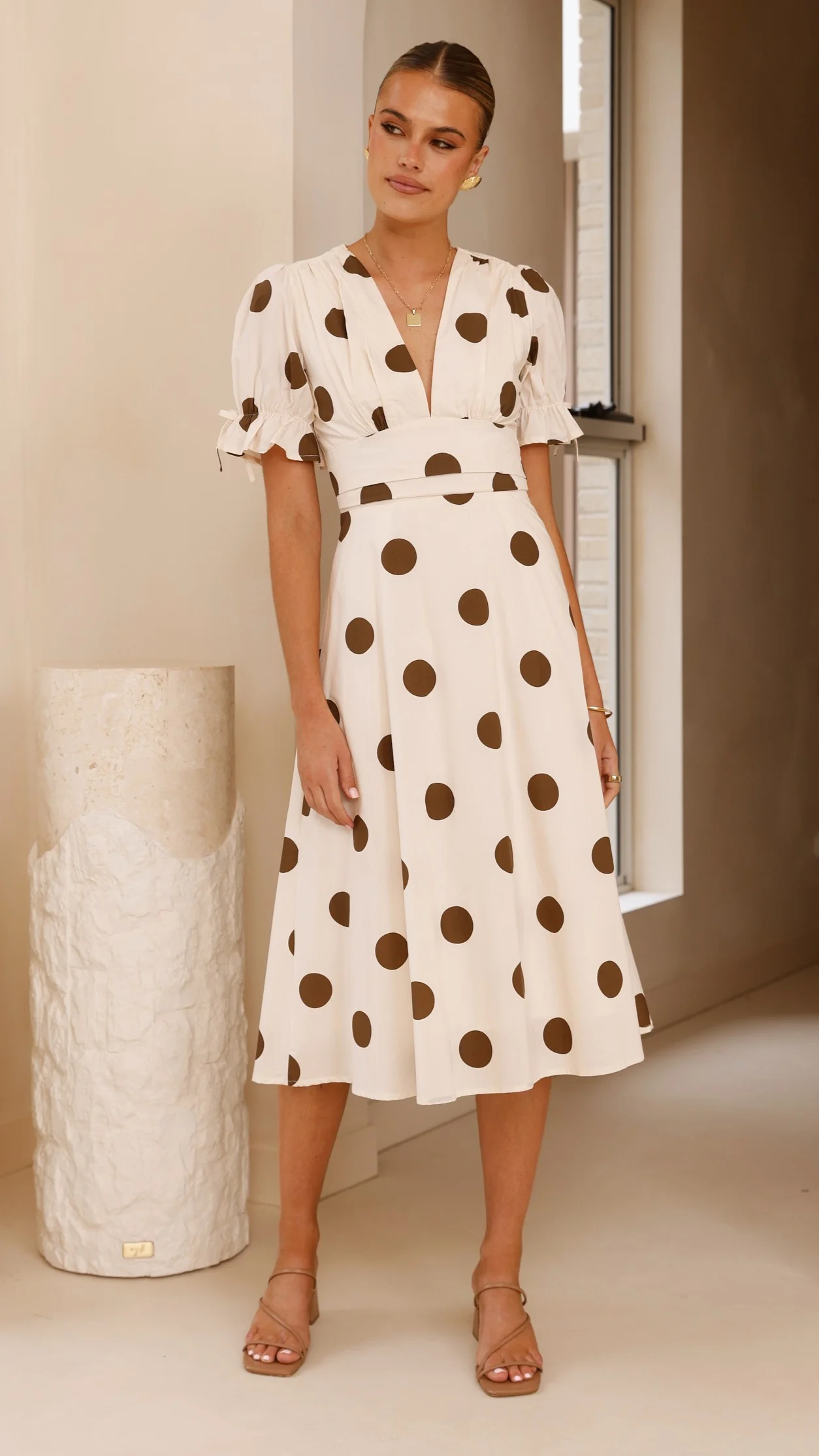 Alondra Midi Dress - White/Camel Polka