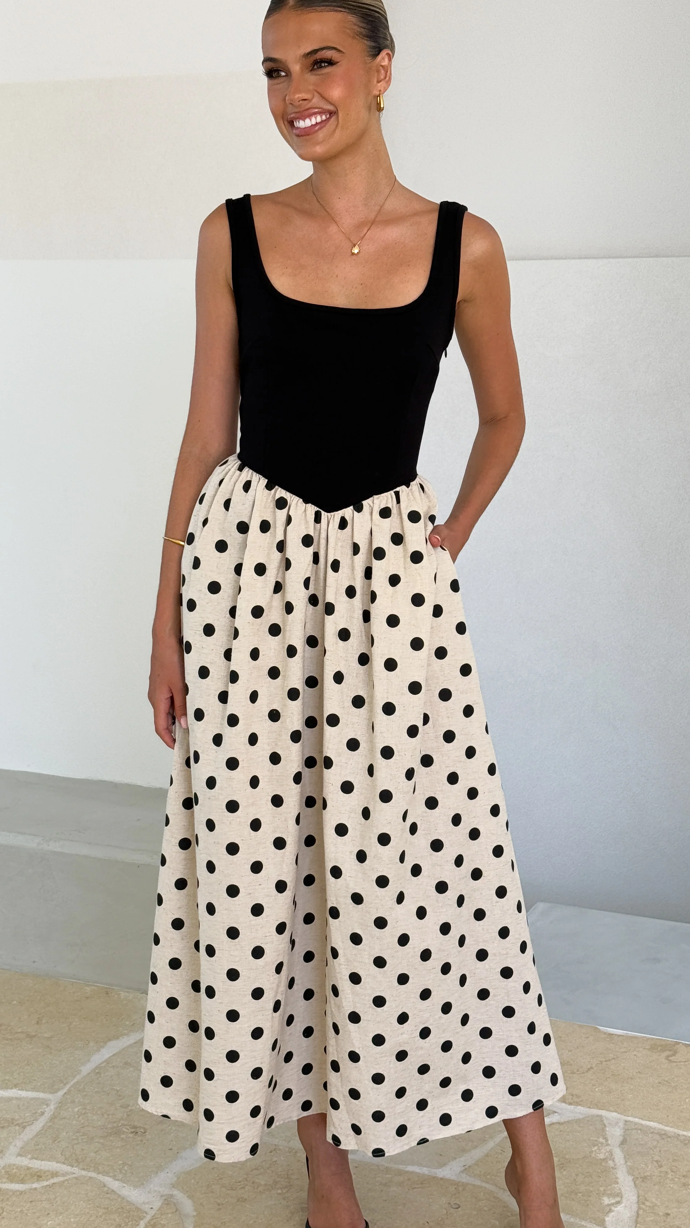 Leoni Maxi Dress - Oat/Black Polka