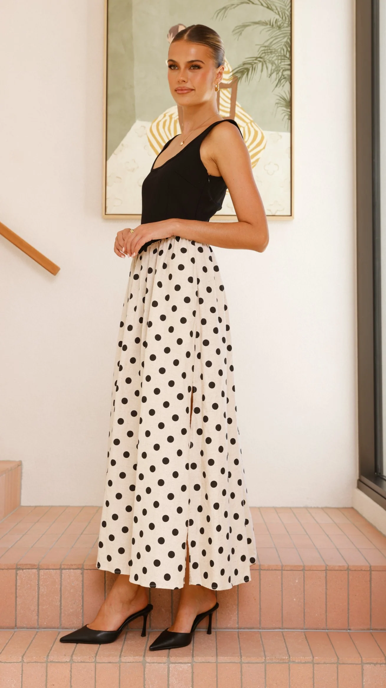 Leoni Maxi Dress - Oat/Black Polka