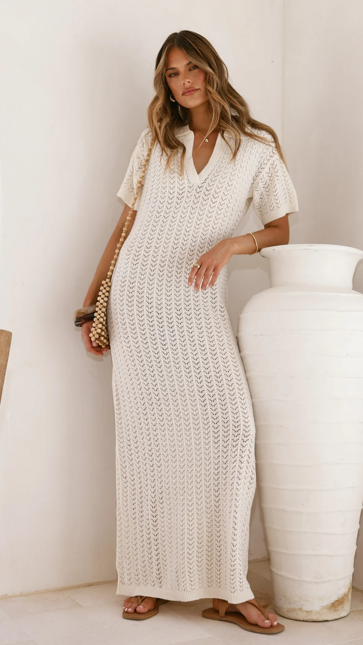 Tiffy Crochet Short Sleeve Maxi Dress - White
