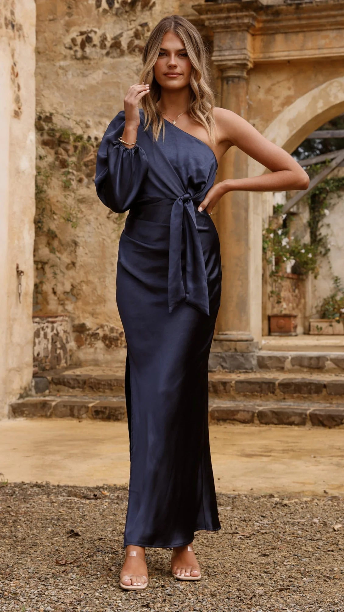 Eden One Shoulder Tie Front Maxi Dress - Navy