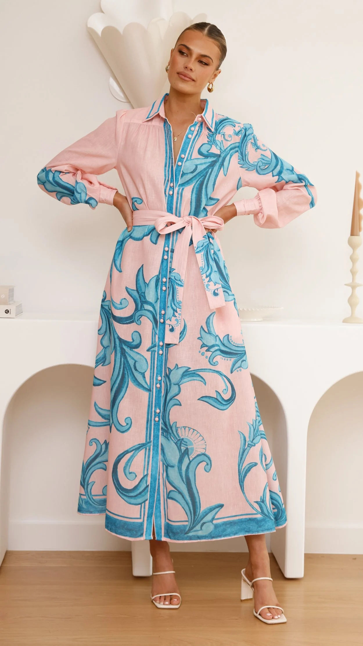 Lucia Long Sleeve Maxi Dress - Aqua/Pink Print