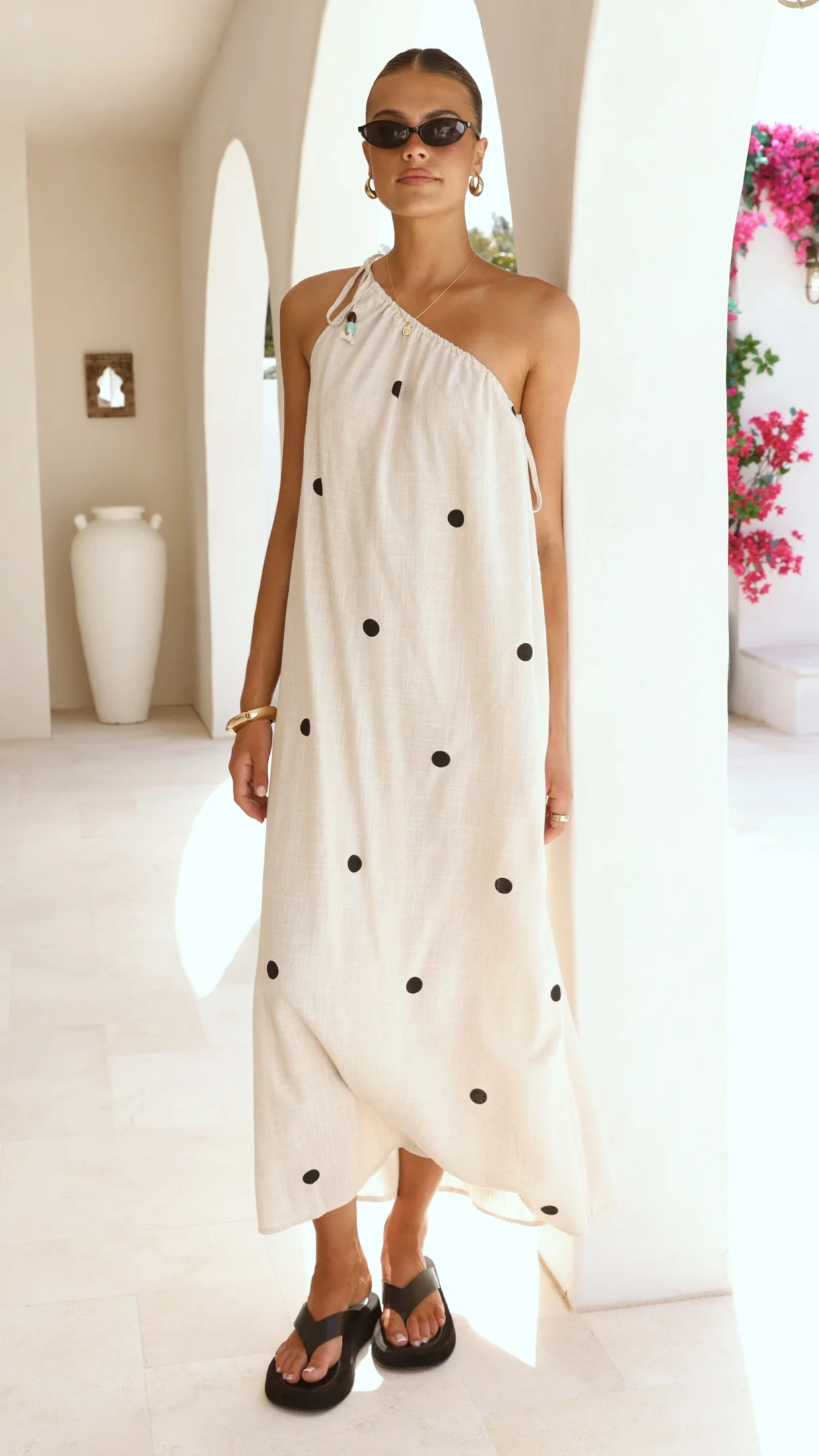 Nasira One Shoulder Maxi Dress - Oat/Black Polka Dot