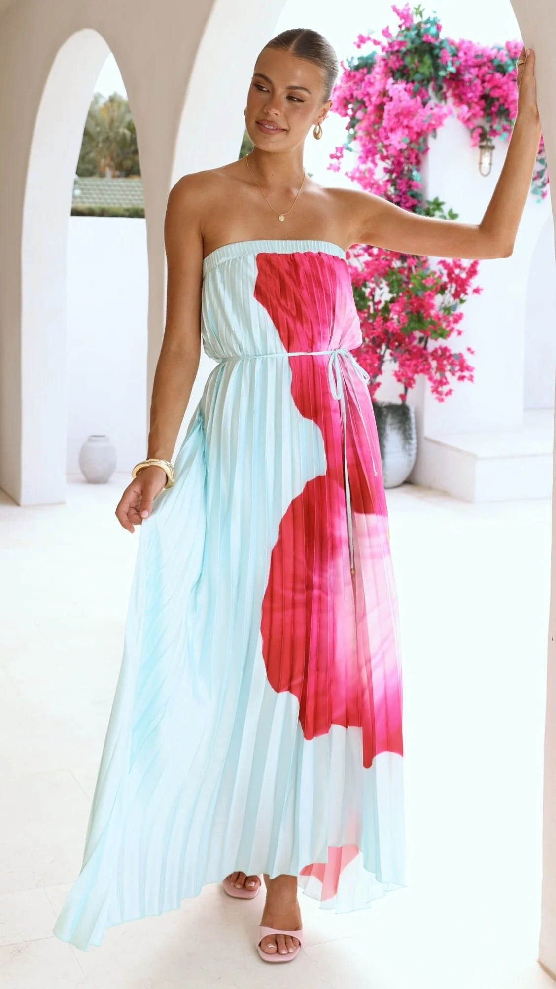 Neve Strapless Maxi Dress - Blue/Pink Floral
