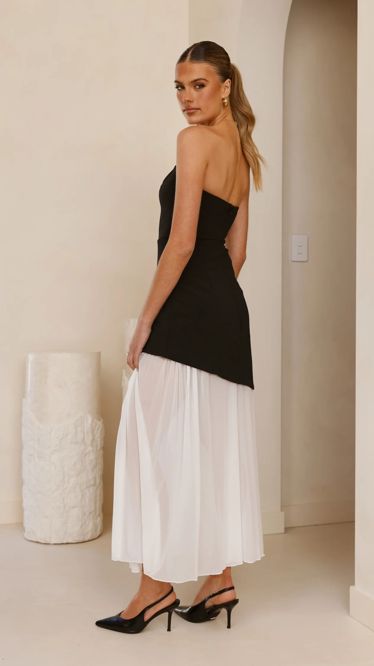 Fenella Asymmetrical Maxi Dress - Black / White