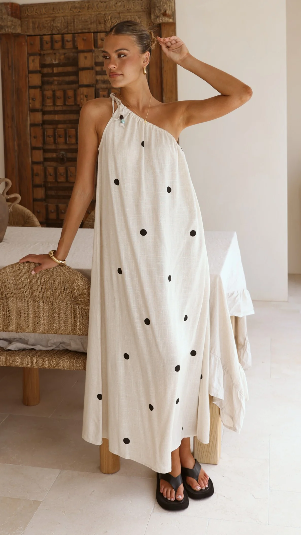 Nasira One Shoulder Maxi Dress - Oat/Black Polka Dot