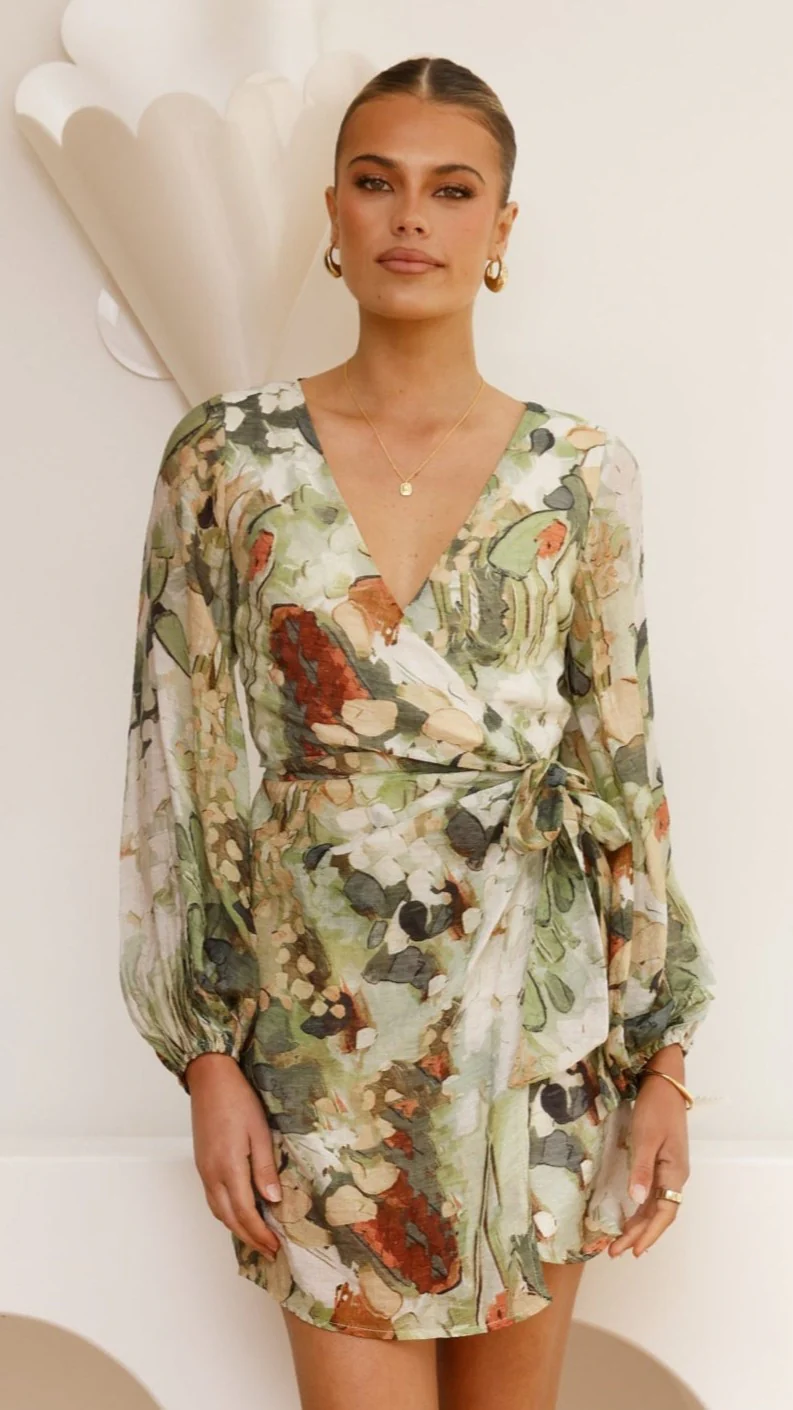 Jemma Long Sleeve Mini Dress - Green Abstract