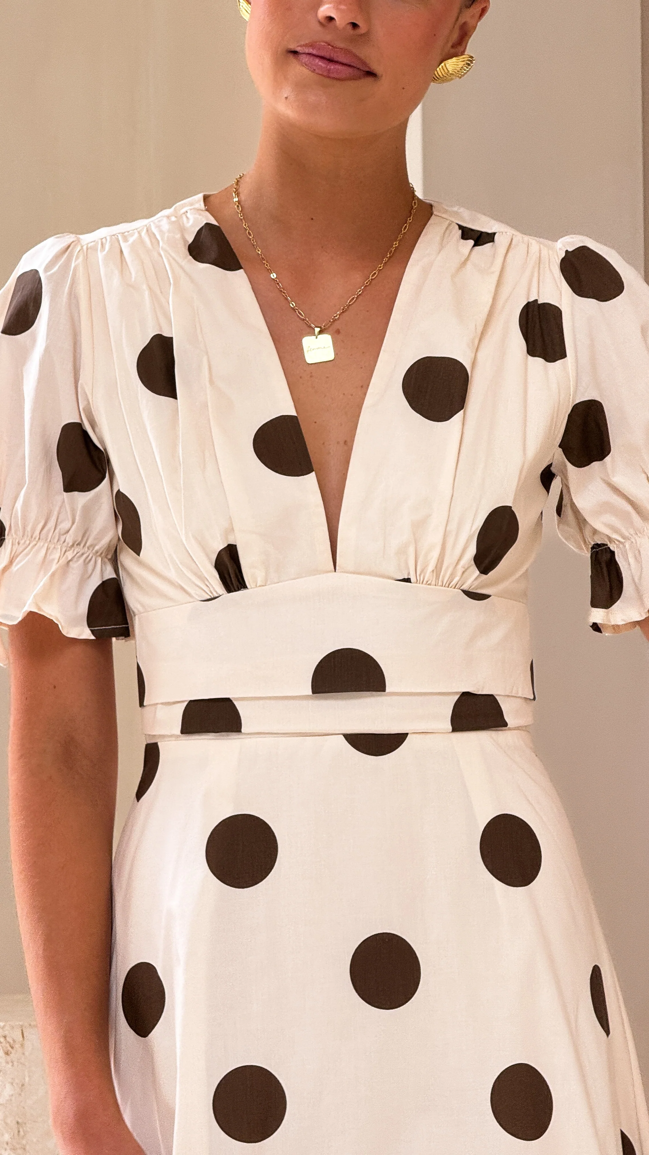 Alondra Midi Dress - White/Camel Polka