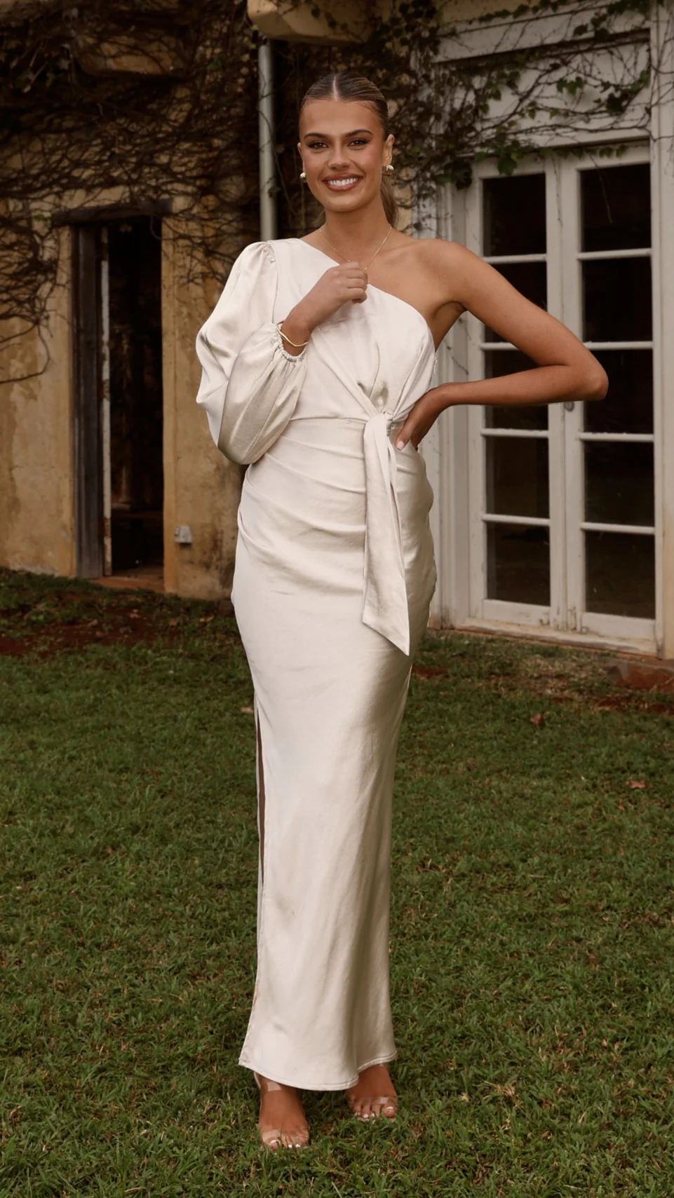 Eden One Shoulder Tie Front Maxi Dress - Champagne