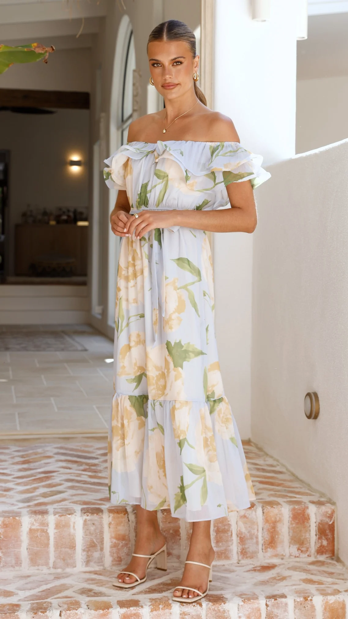Chase Off Shoulder Maxi Dress - Blue/Peach Floral