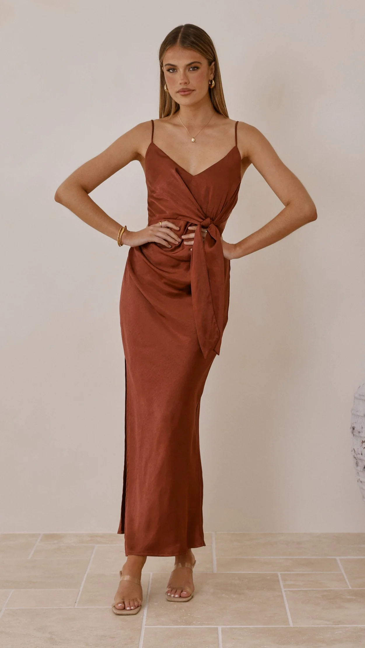 Yasmeen Tie Front Maxi Dress - Rust