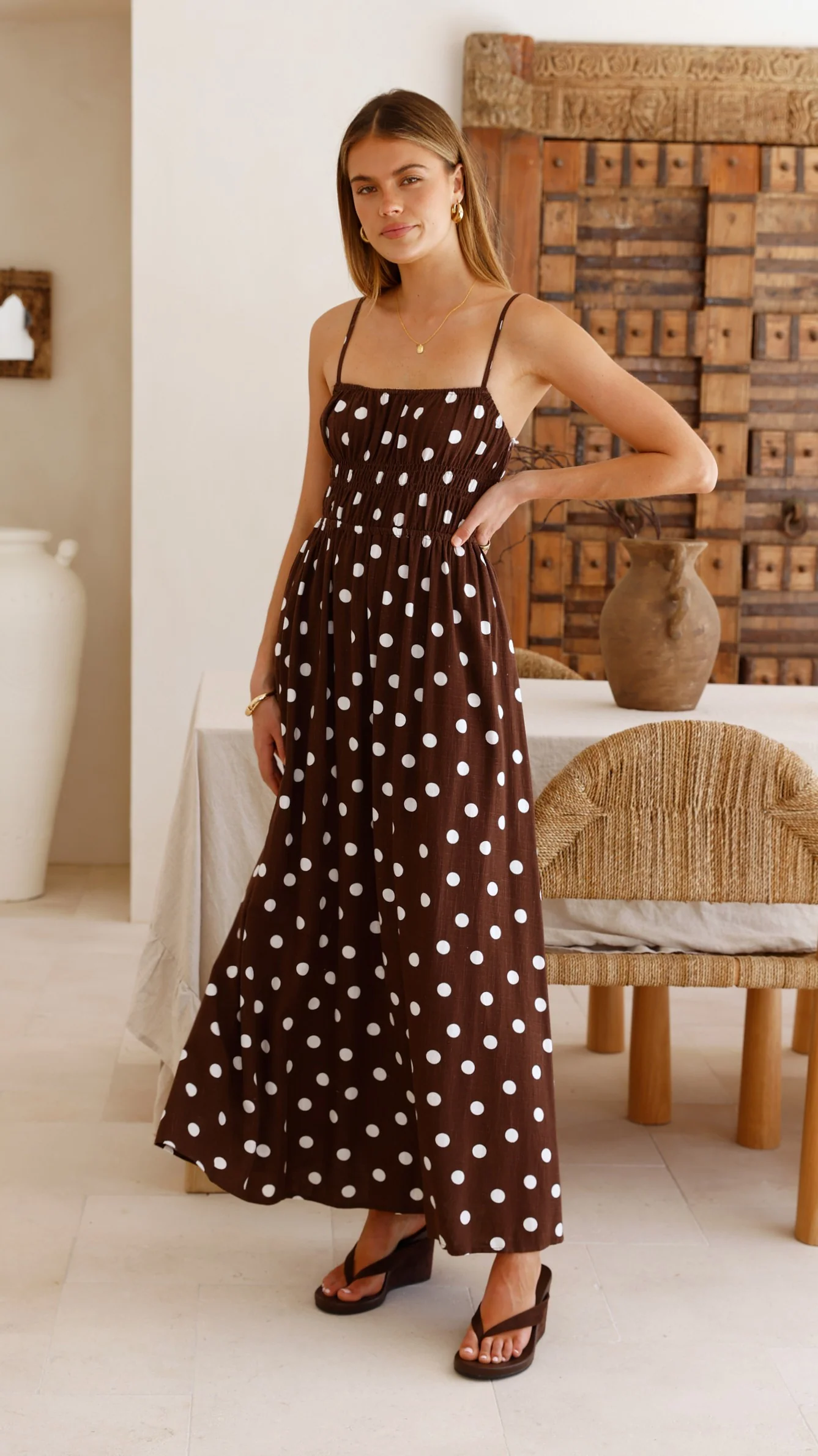 Solare Maxi Dress - Brown/White Polka