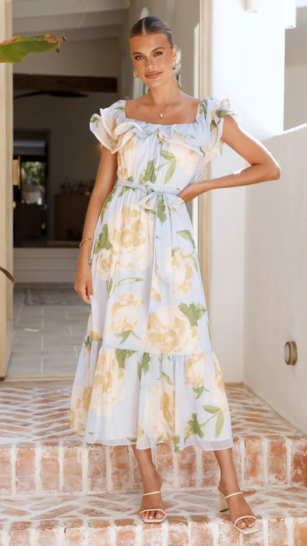 Chase Off Shoulder Maxi Dress - Blue/Peach Floral