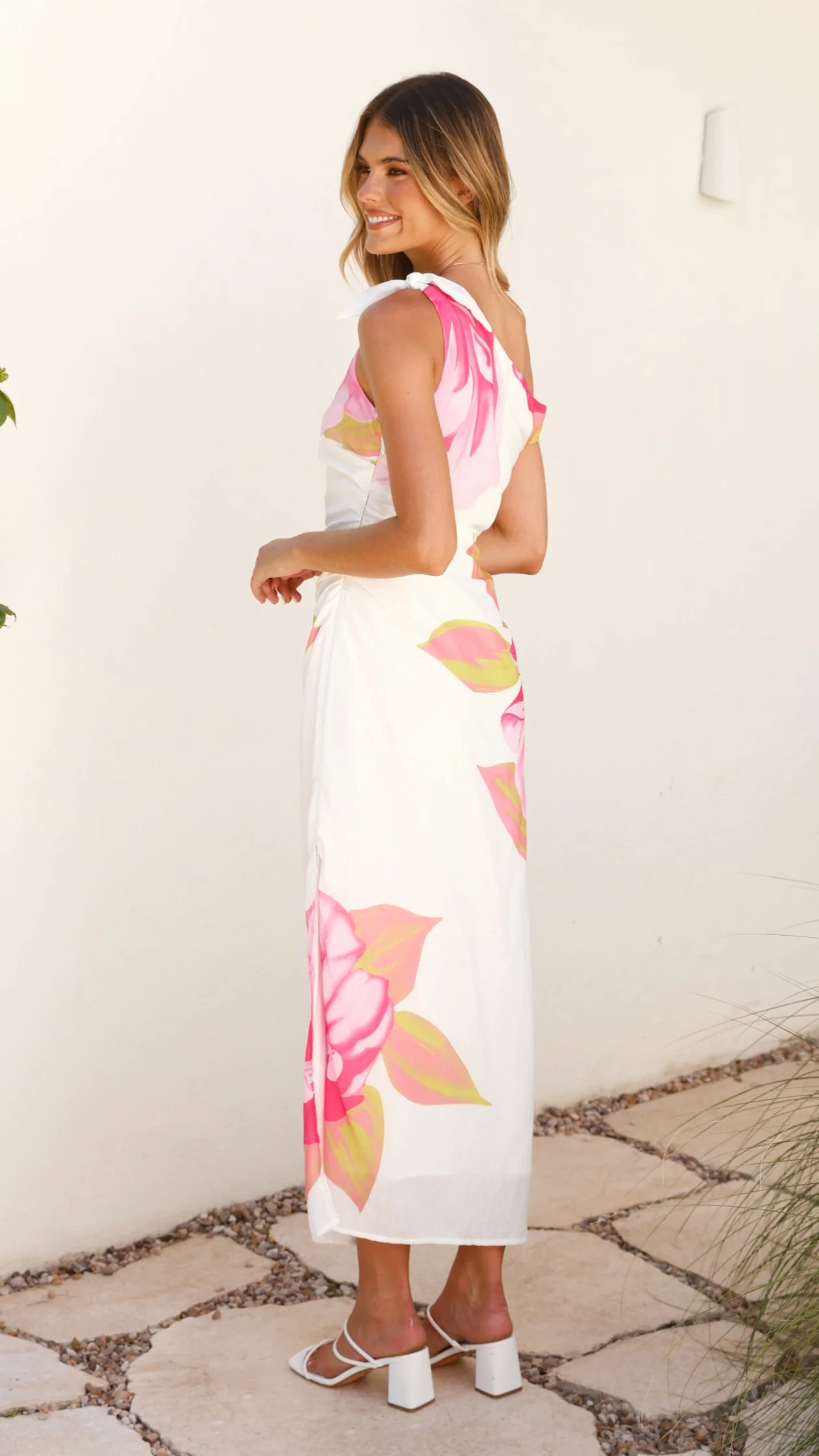 Maisy Shoulder Tie Midi Dress - Pink Green