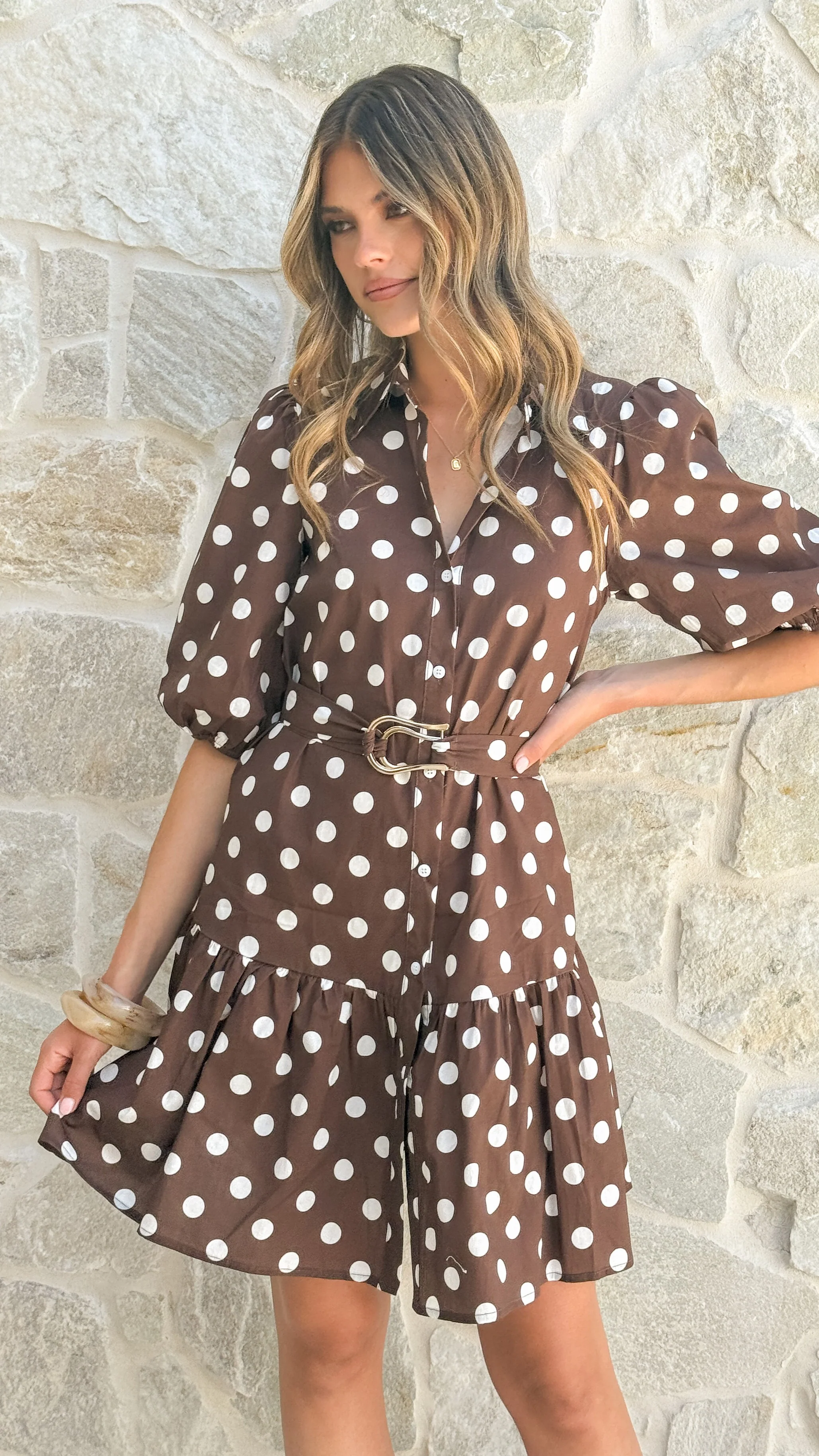 Michelle Mini Dress - Brown / White Polka Dot