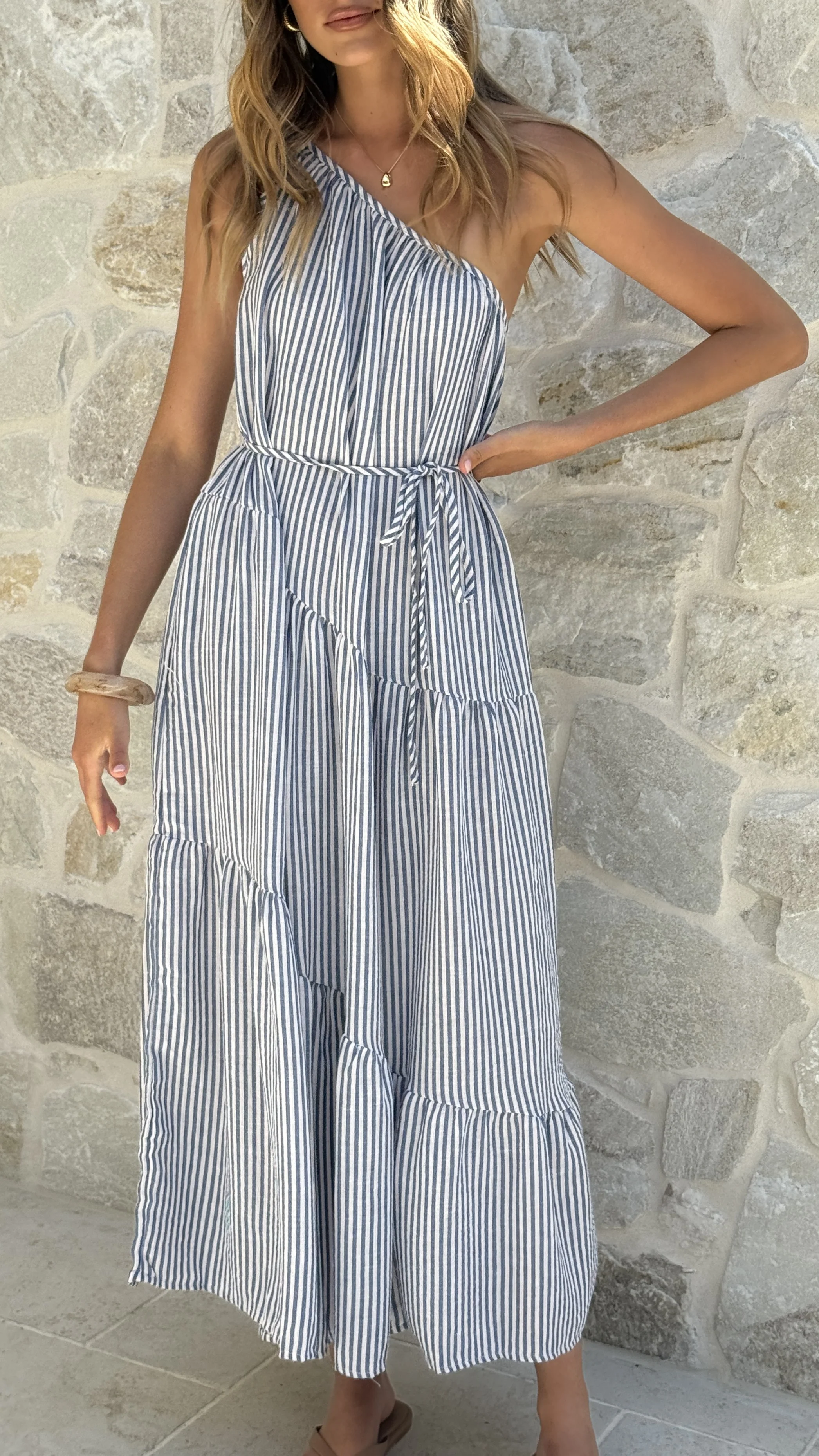 Wendy One Shoulder Maxi Dress - Blue / White Stripe
