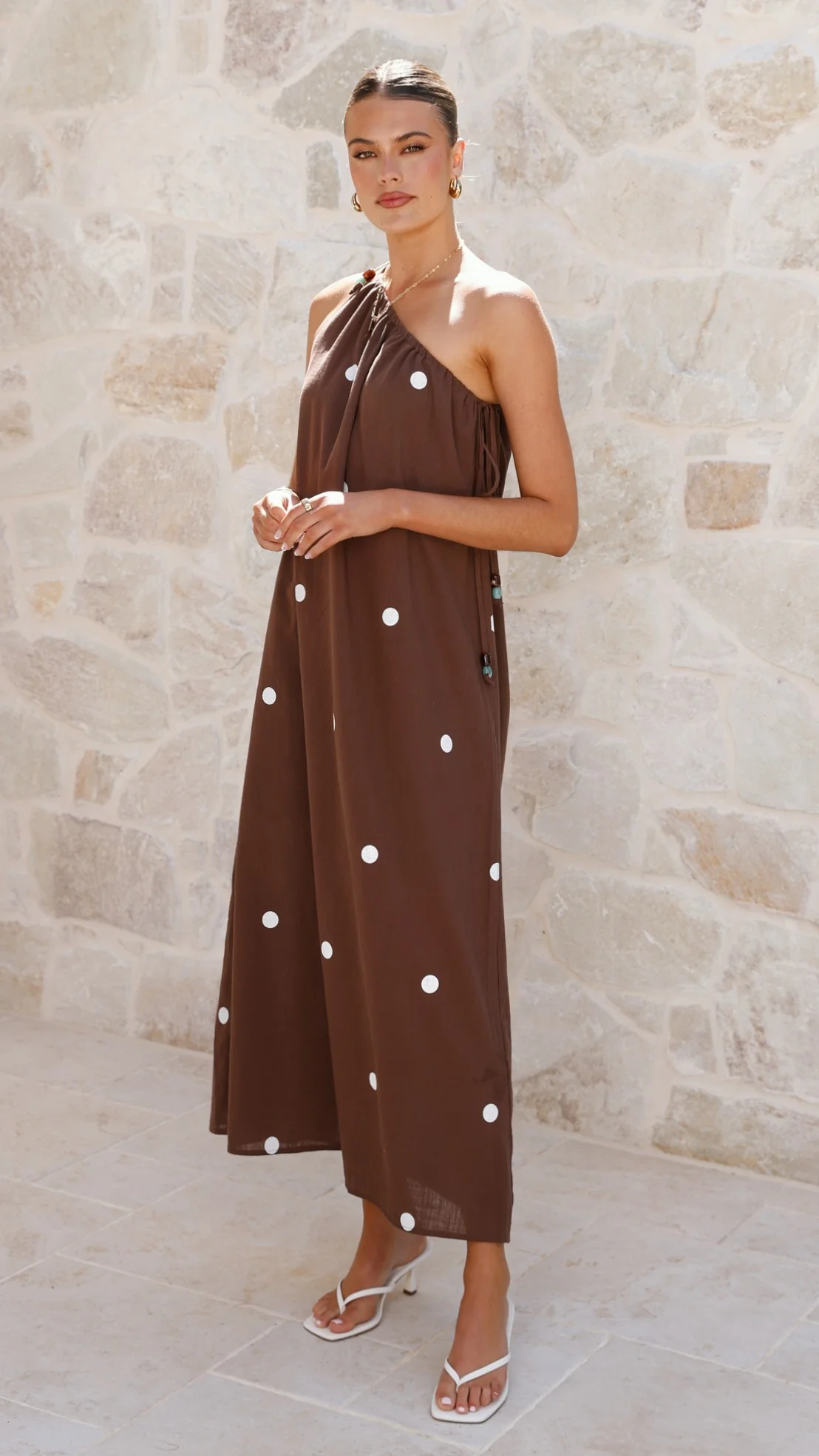 Nasira One Shoulder Maxi Dress - Chocolate / White Polka Dot