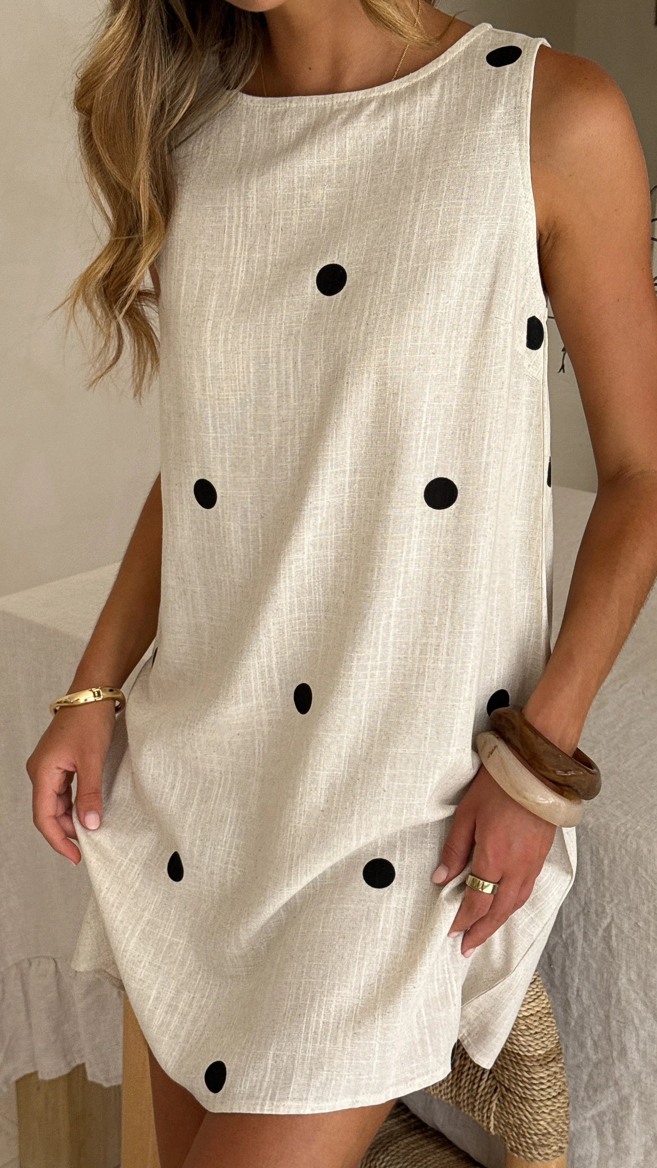 Natala Shift Mini Dress - Oat/Black Polka Dot