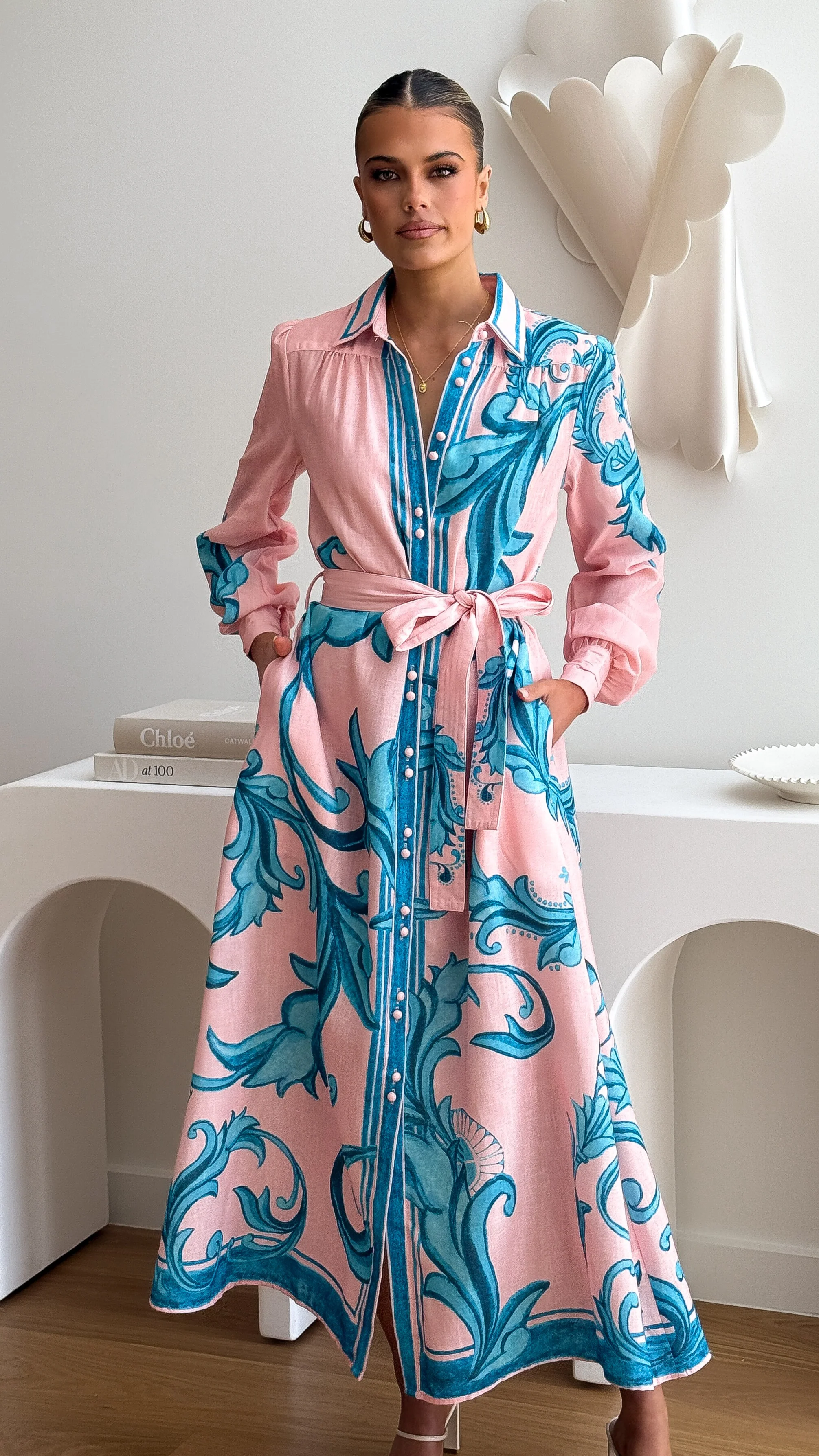 Lucia Long Sleeve Maxi Dress - Aqua/Pink Print