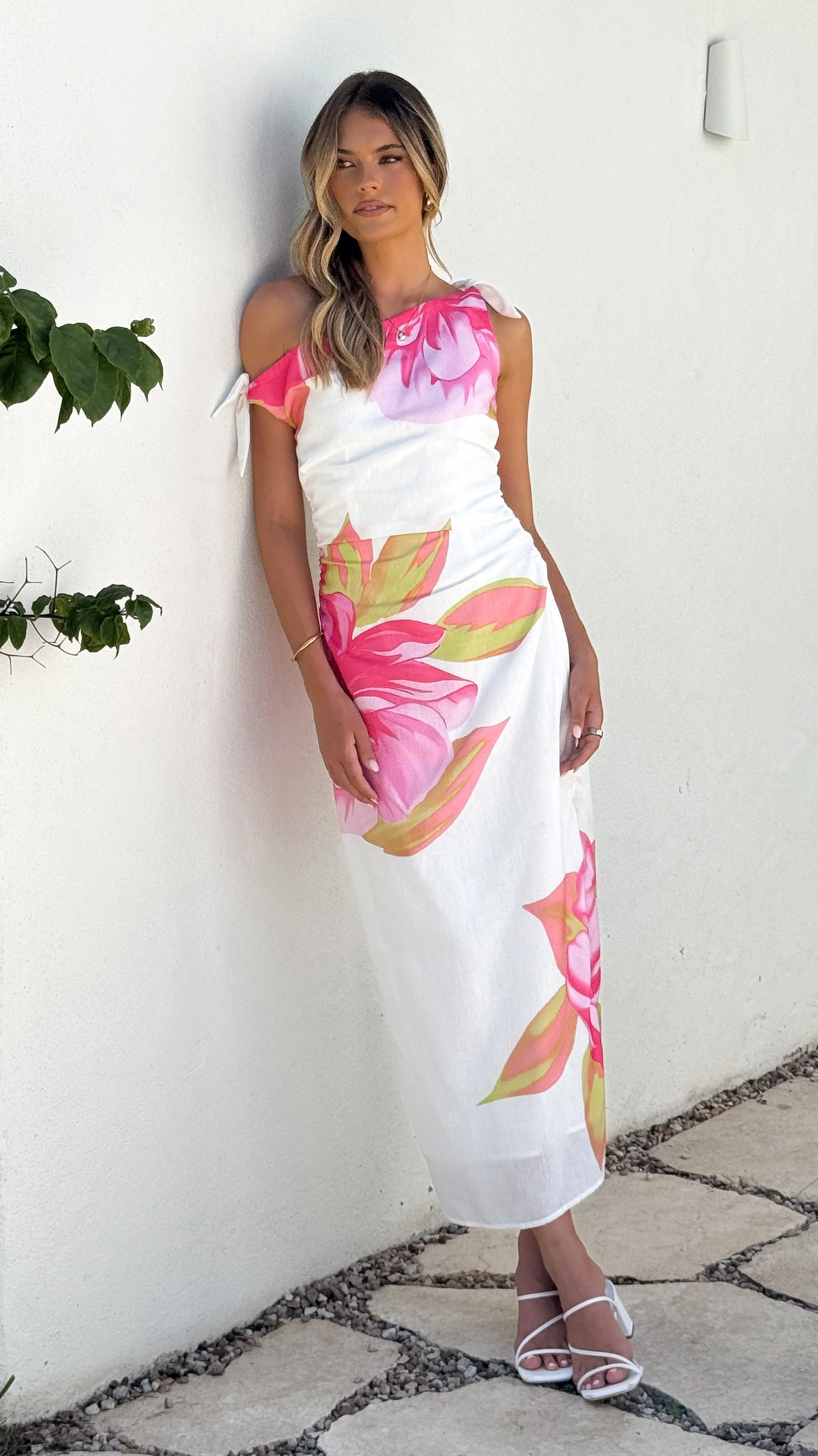 Maisy Shoulder Tie Midi Dress - Pink Green