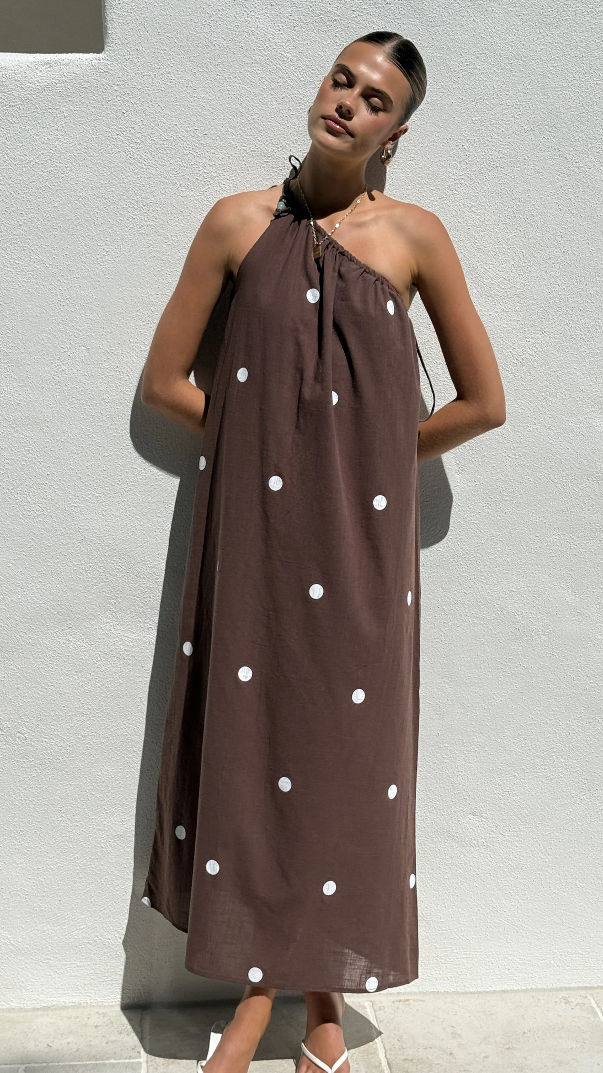 Nasira One Shoulder Maxi Dress - Chocolate / White Polka Dot