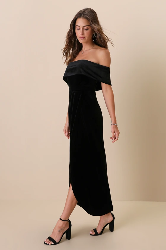 I'm Enchanted Black Velvet Off-the-Shoulder Maxi Dress