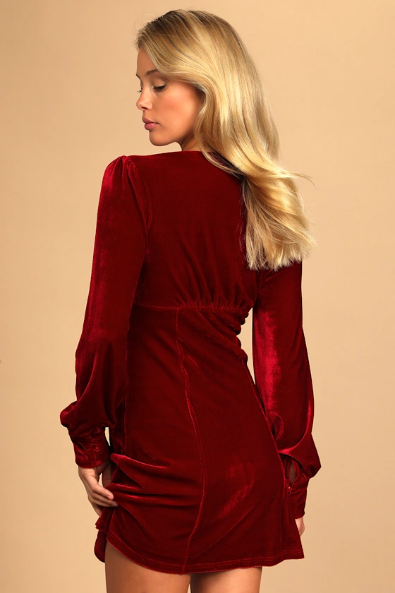 Make it Merry Wine Red Velvet Long Sleeve Button-Up Mini Dress