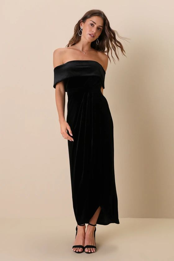 I'm Enchanted Black Velvet Off-the-Shoulder Maxi Dress