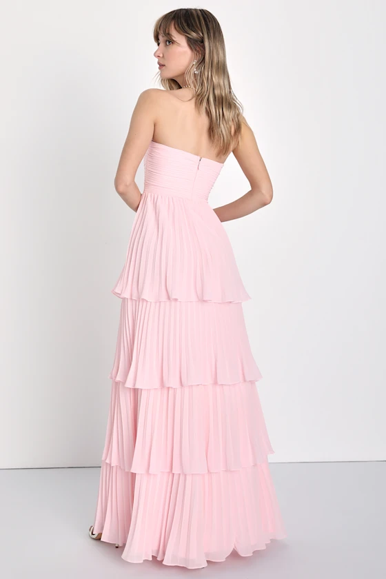 Seriously Sensational Light Pink Strapless Tiered Maxi Dress