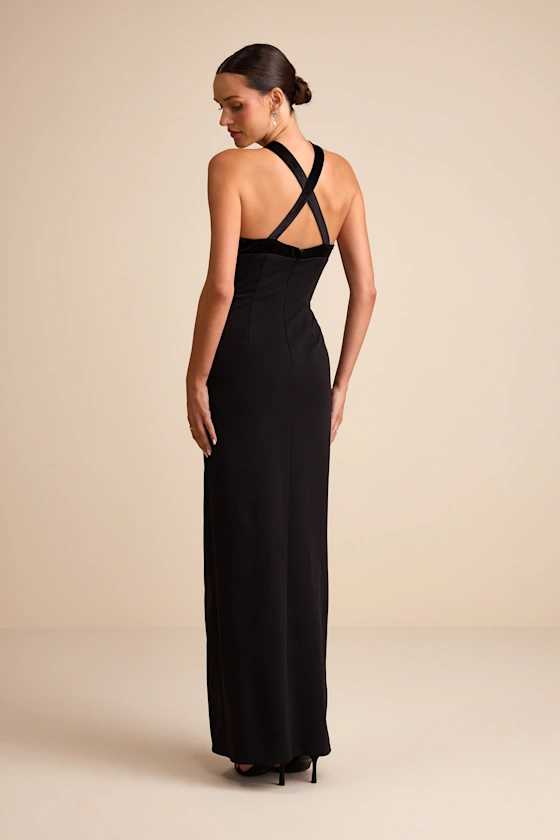 Bisian Black Velvet Bow Backless Apron Maxi Dress