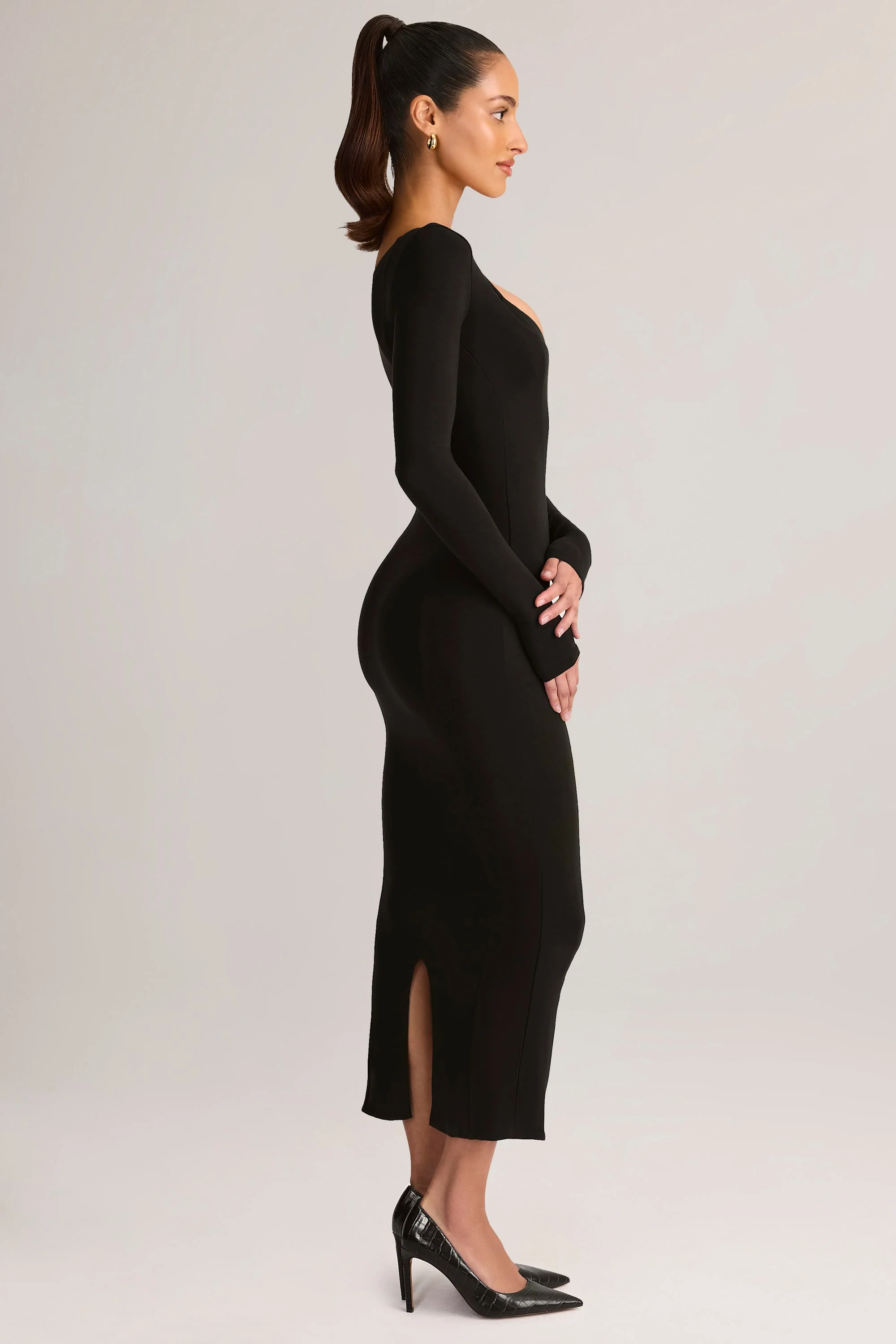 Modal Peekaboo Long-Sleeve Midi Dress in Black