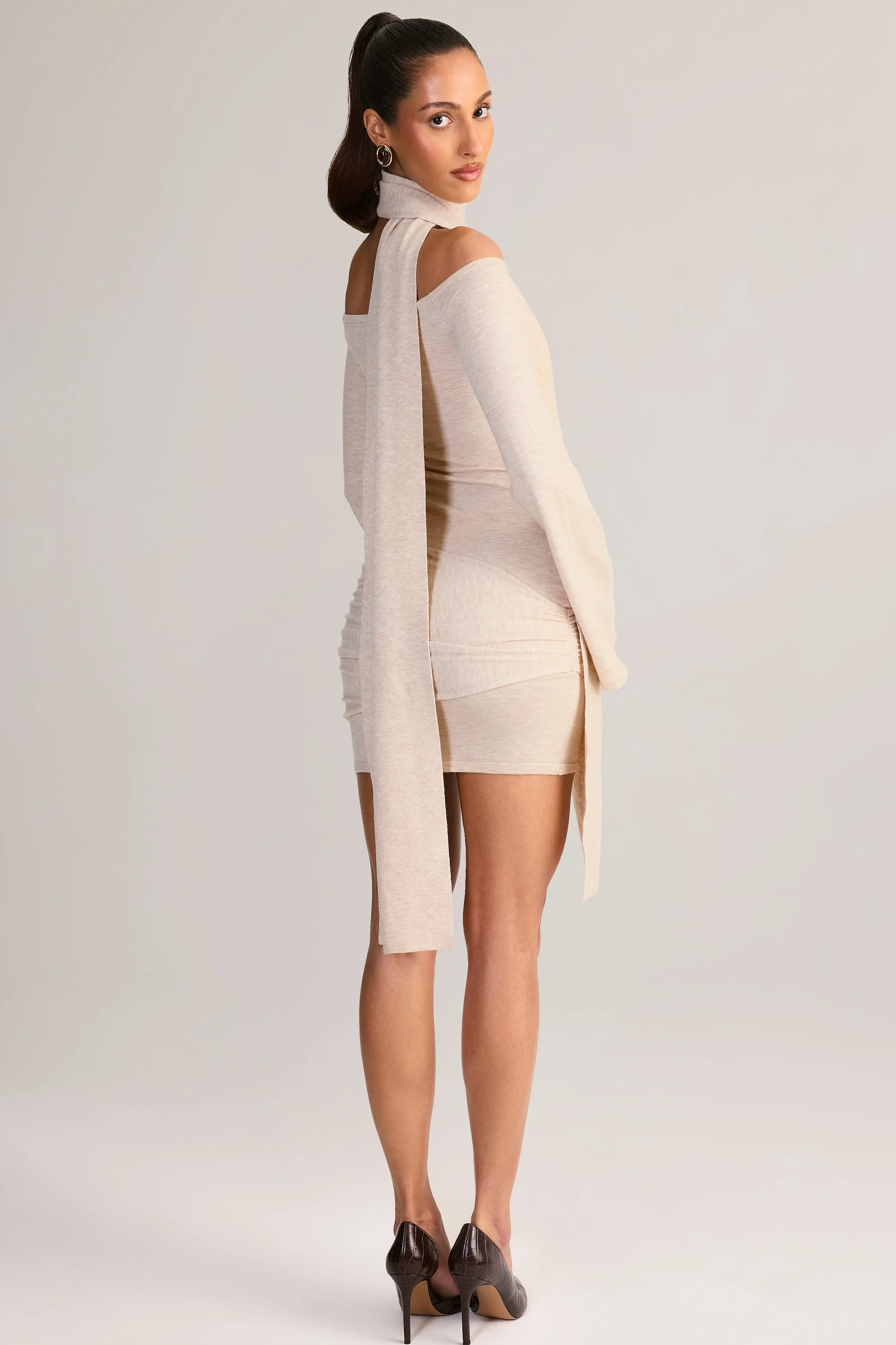 Knit Scarf-Detail Off-Shoulder Mini Dress in Cream