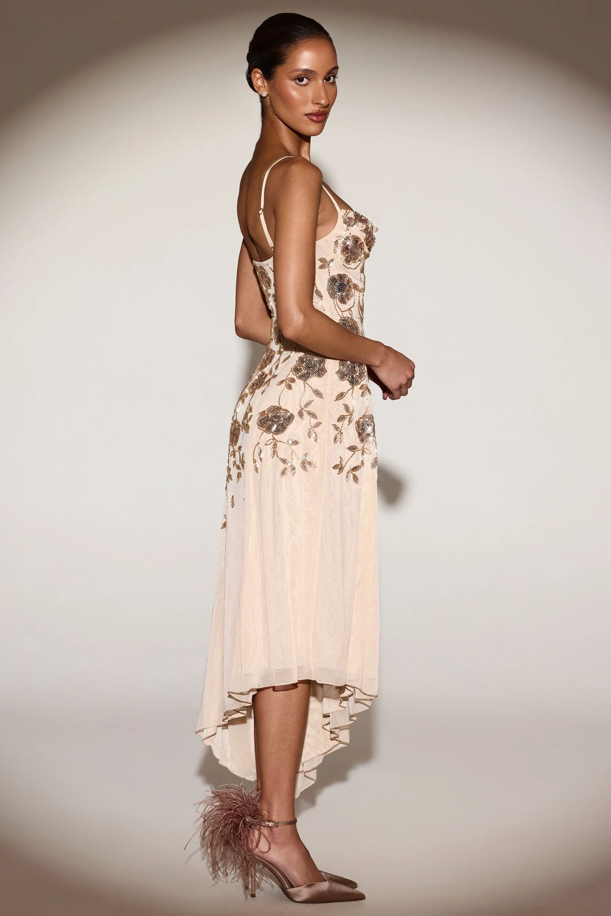 Embellished Asymmetric Midaxi Dress in Gold