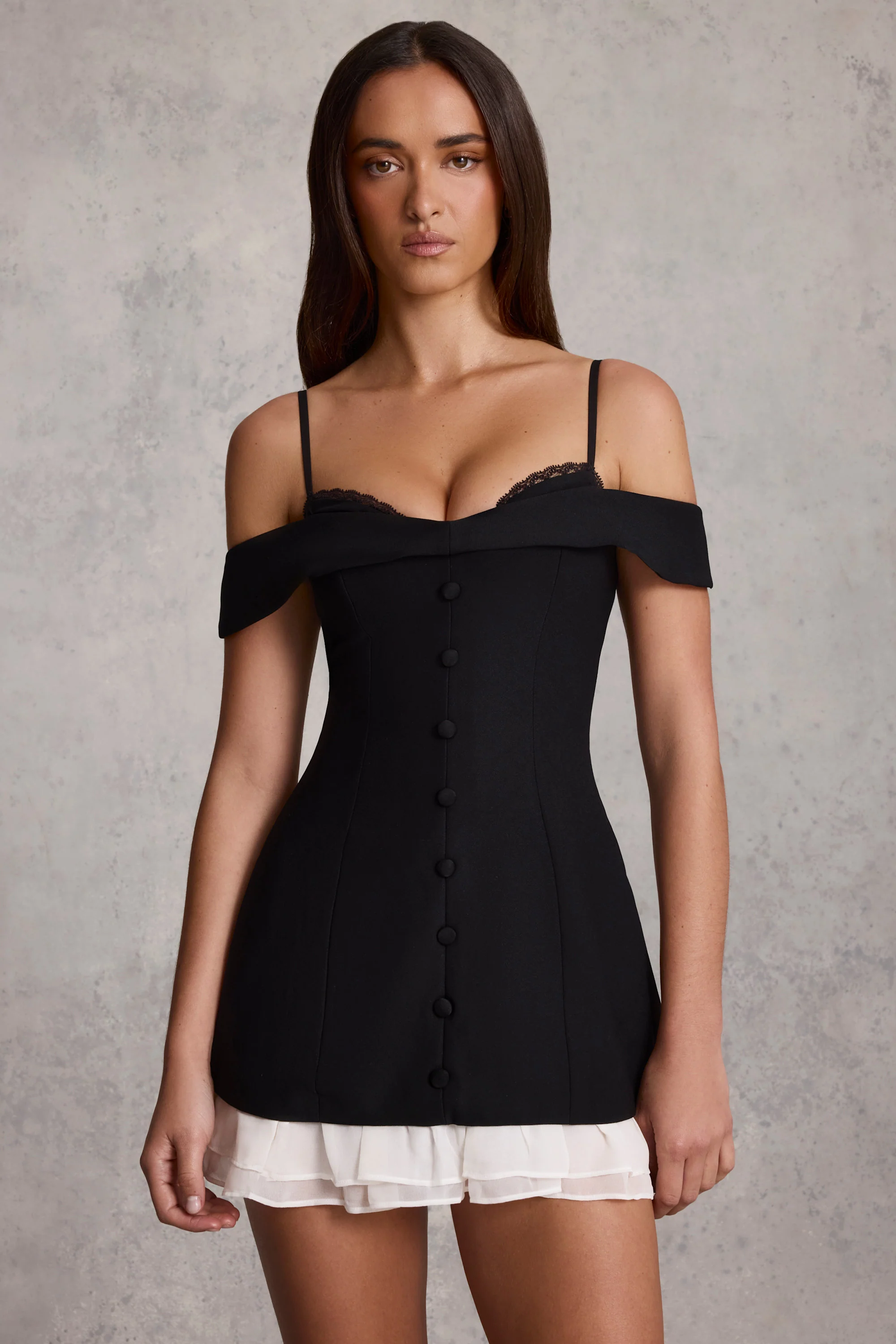 Off-Shoulder Ruffle A-Line Mini Dress in Black