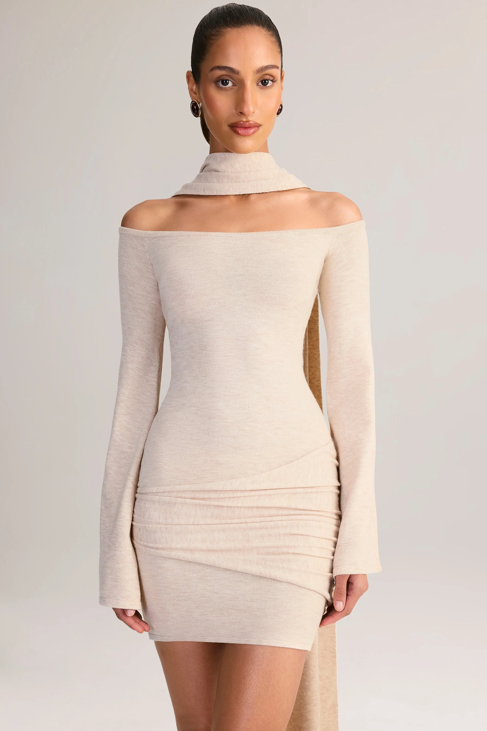 Knit Scarf-Detail Off-Shoulder Mini Dress in Cream